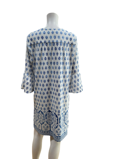 Jude Connally Ella Tunic Dress M Blue White Floral Block Print 3/4 Sleeve