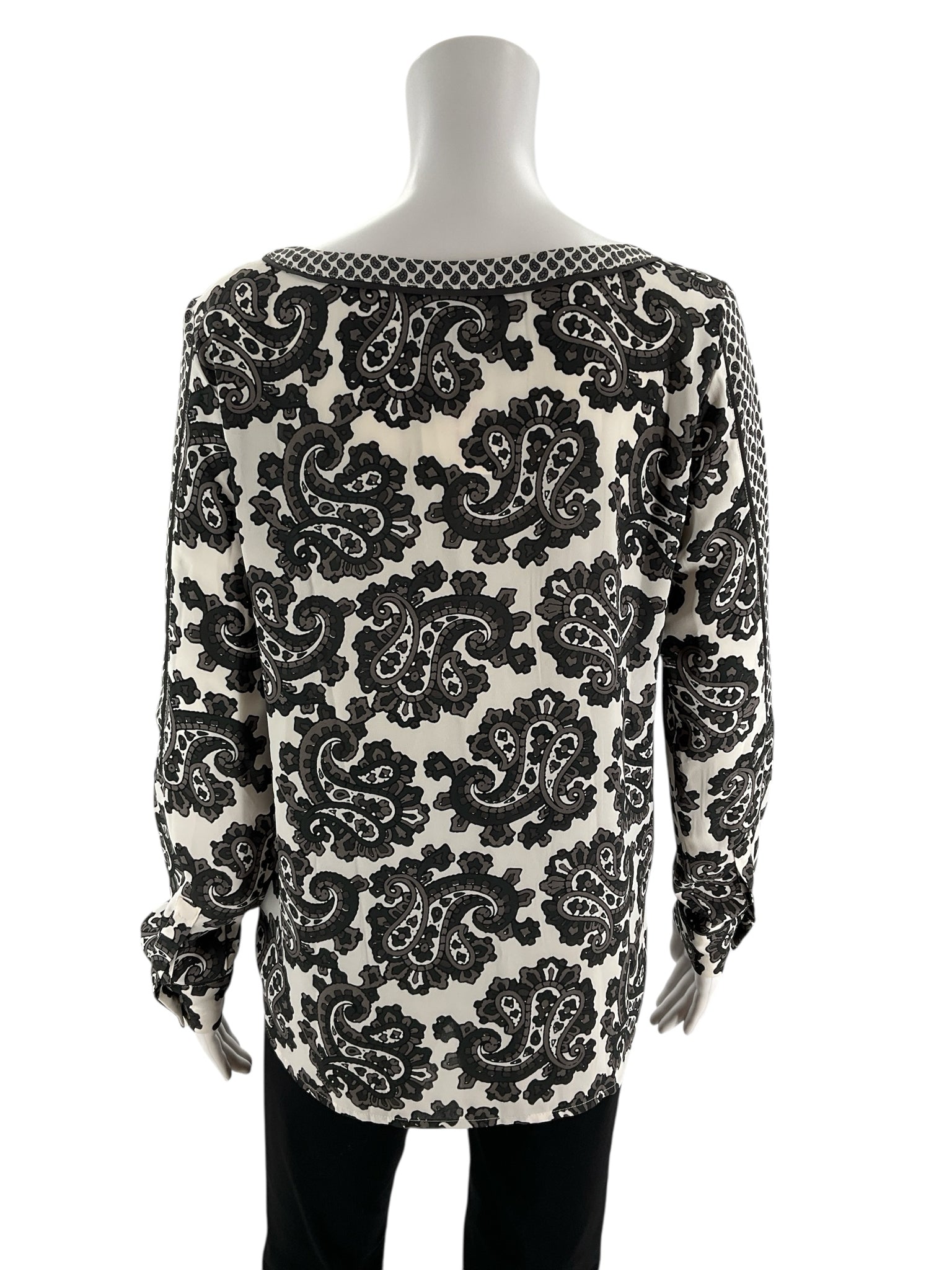 Ann Taylor LOFT Paisley Print Long Sleeve Blouse Black White Gray XS