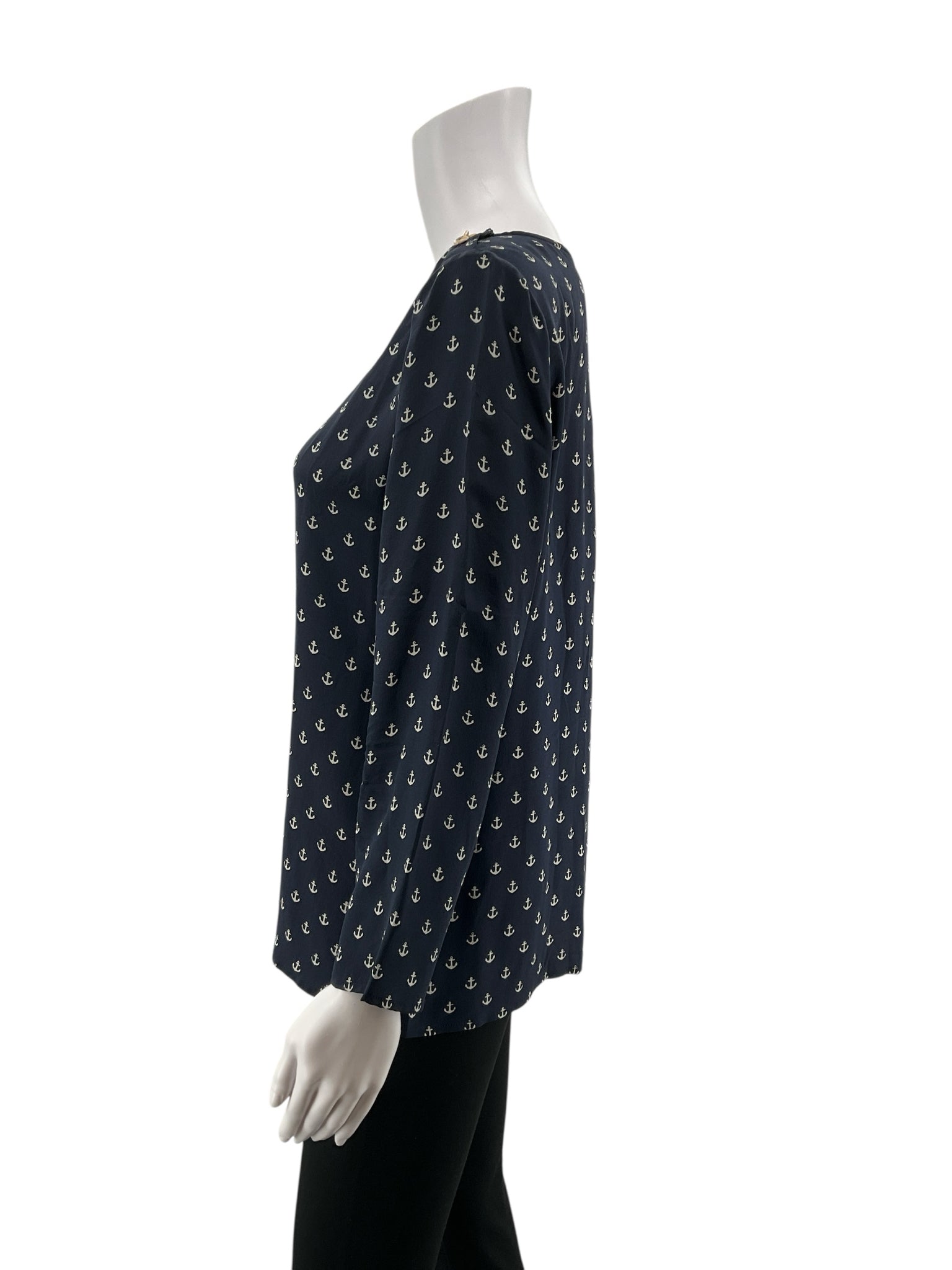 J.Crew Silk Anchor Print Nautical Blouse Navy Top Size 8