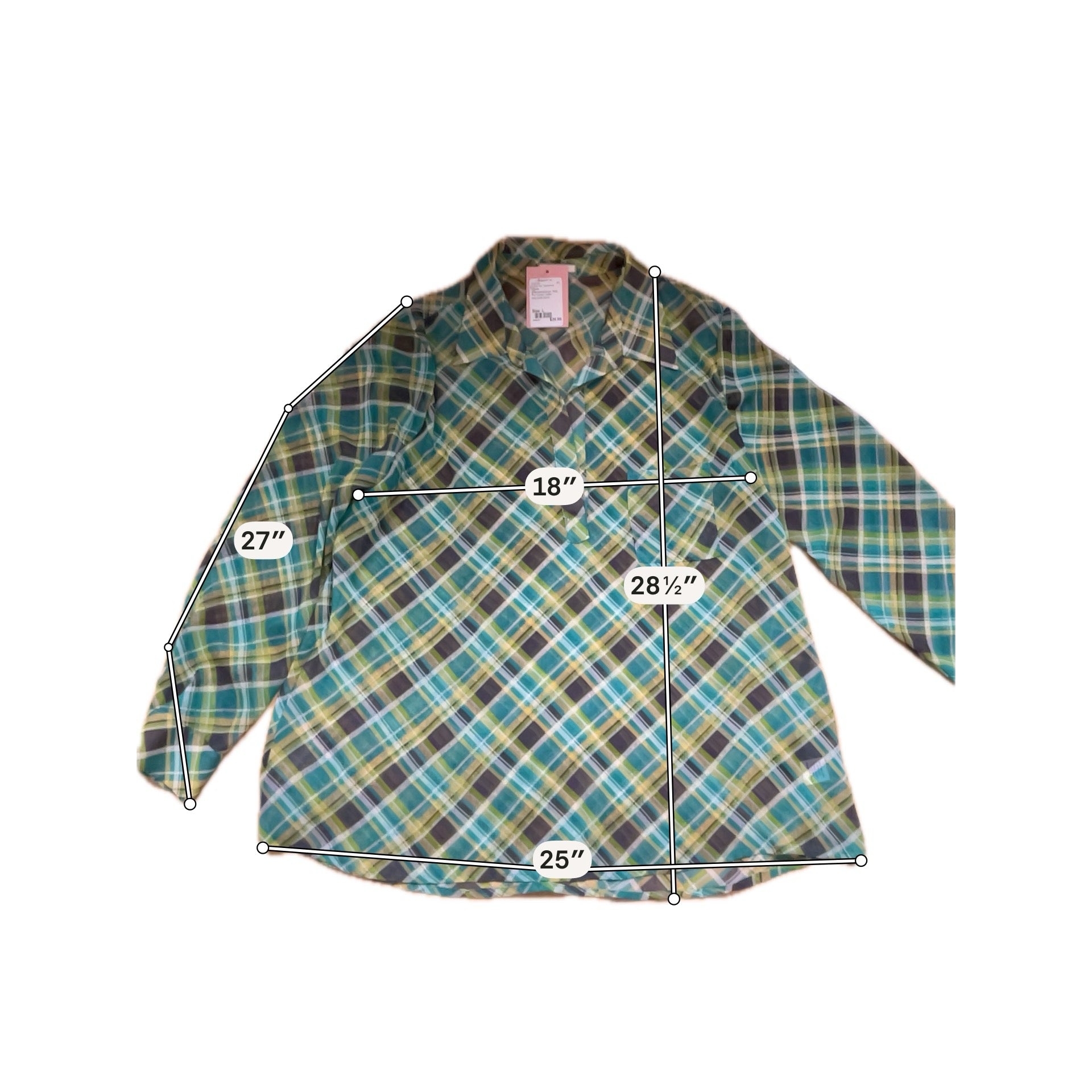 Pleione Plaid Roll-Tab Sleeve V-Neck Tunic Blouse Green Yellow | Size Large
