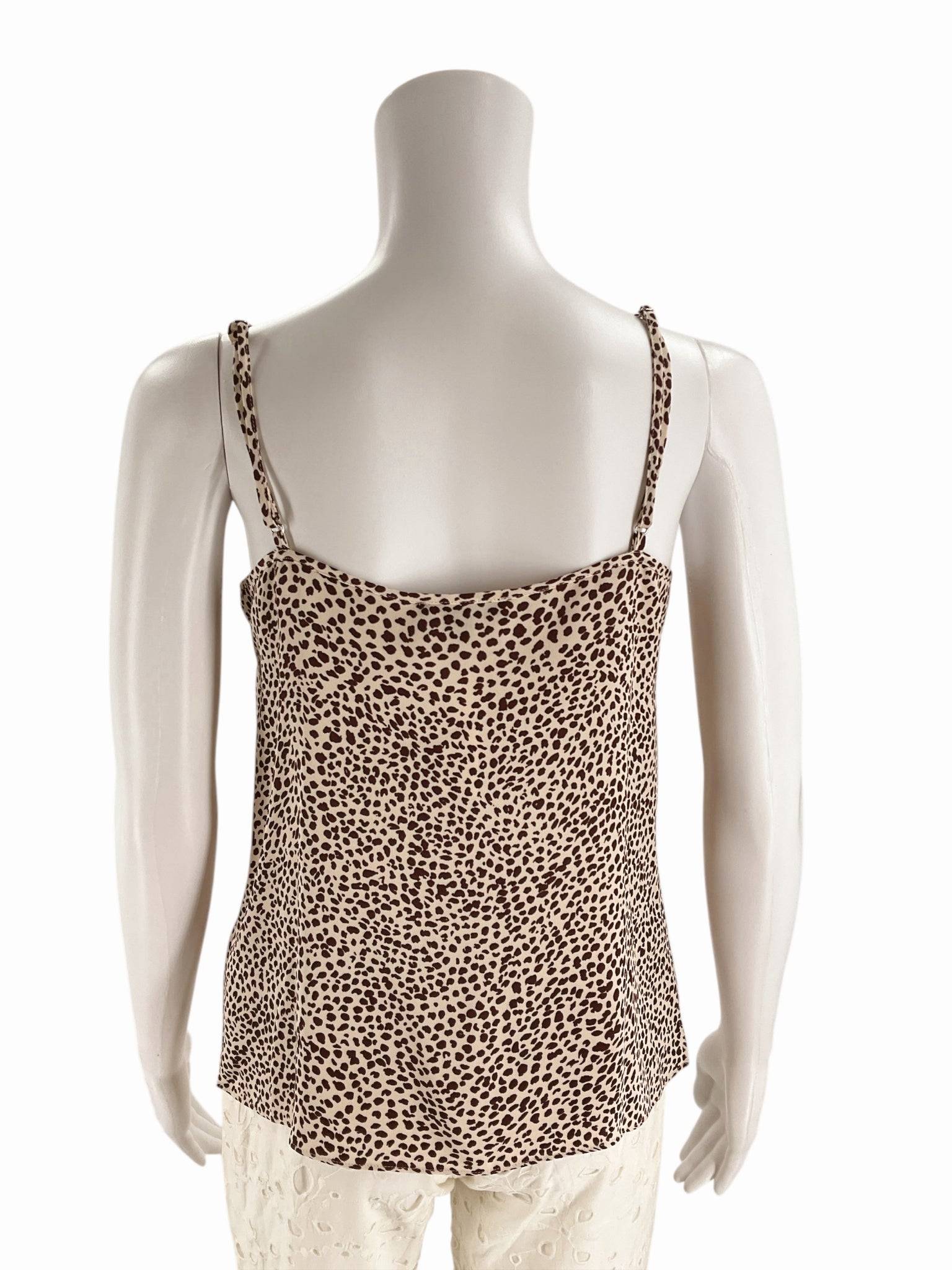 Back view of J.Crew cream and brown animal print blouse – Size XS. Features adjustable straps and soft drape, perfect for layering or warm weather.
