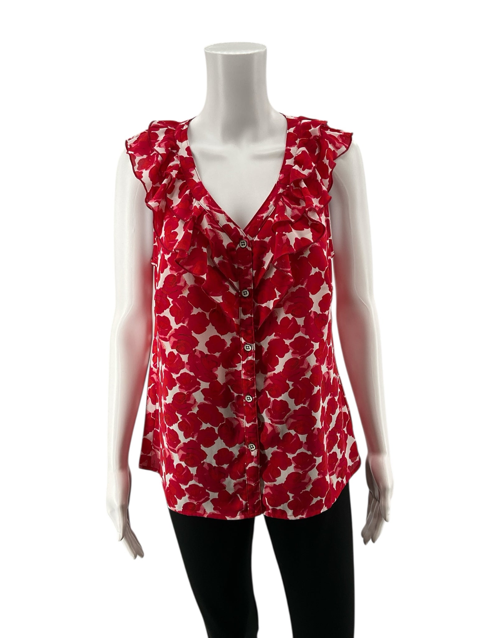 cabi White/Red Sleeveless Rose Top Floral Ruffle V-Neck Sleeveless Blouse Size Small - Size S