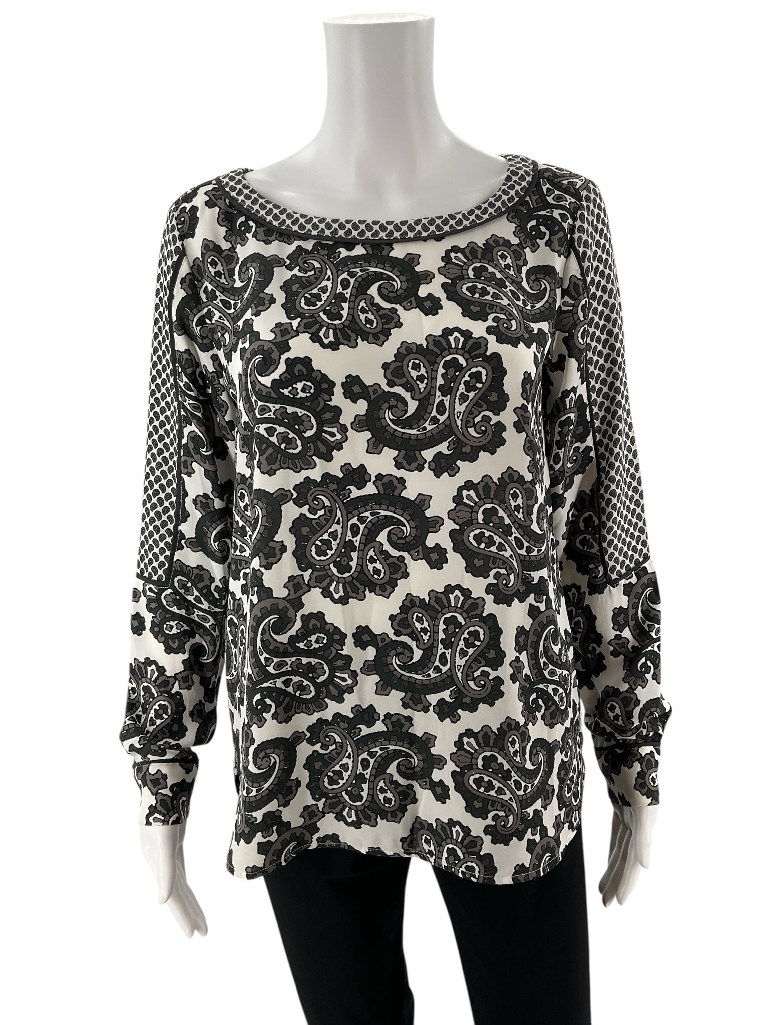Ann Taylor LOFT Paisley Print Long Sleeve Blouse Black White Gray XS