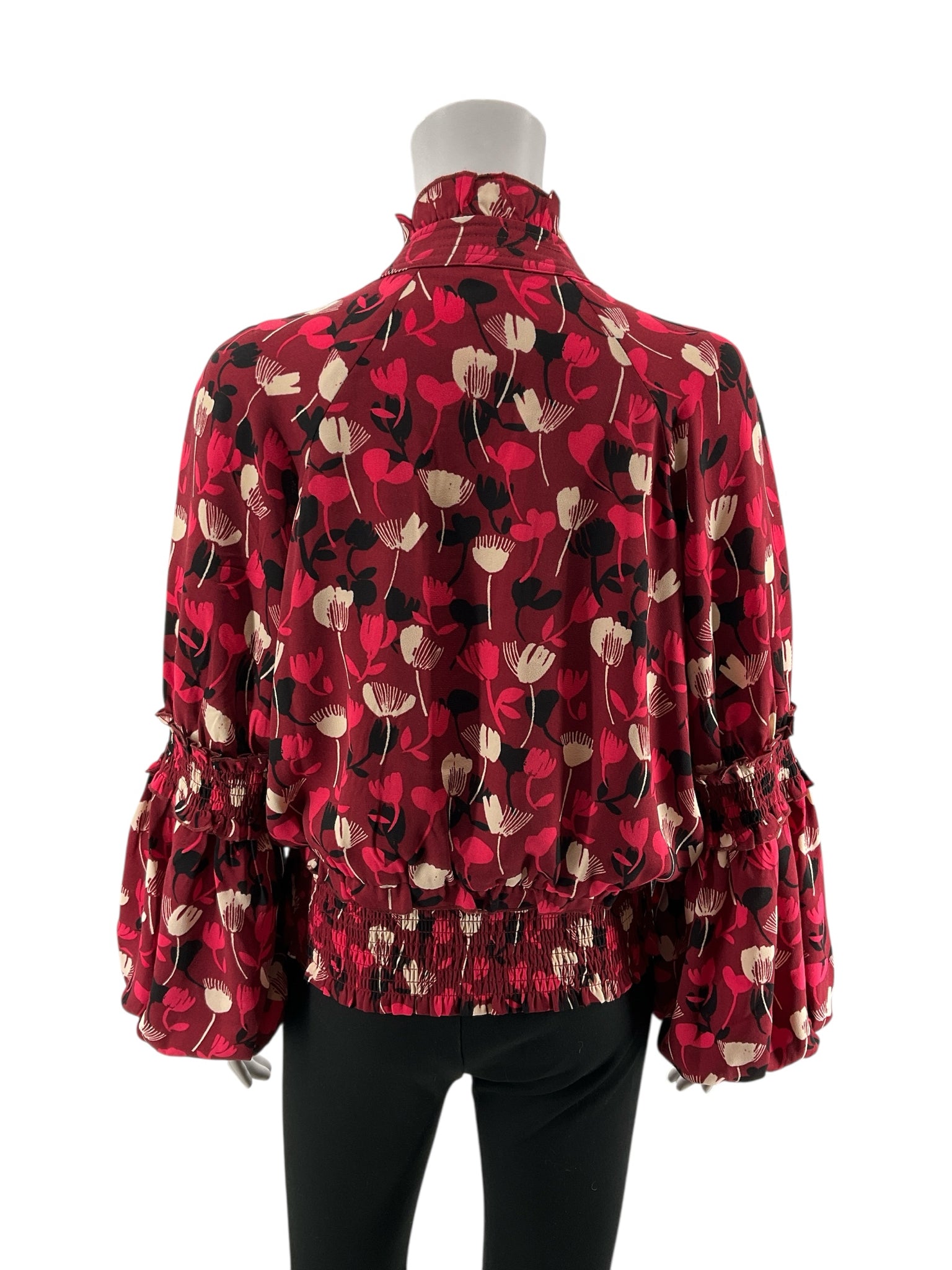 cabi maroon Long Sleeve Ruffle Blouse Floral Smocked Long Sleeve Top Maroon Size S - Size S