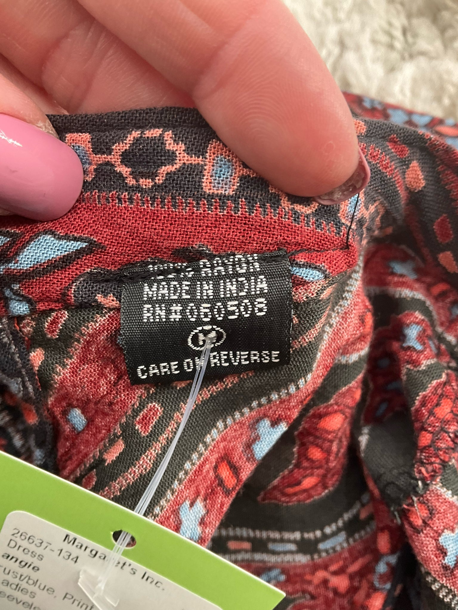 Angie Rust/Blue Print Pre-Owned Ladies Dress - Size Medium - Margaret’s Fine Consignment