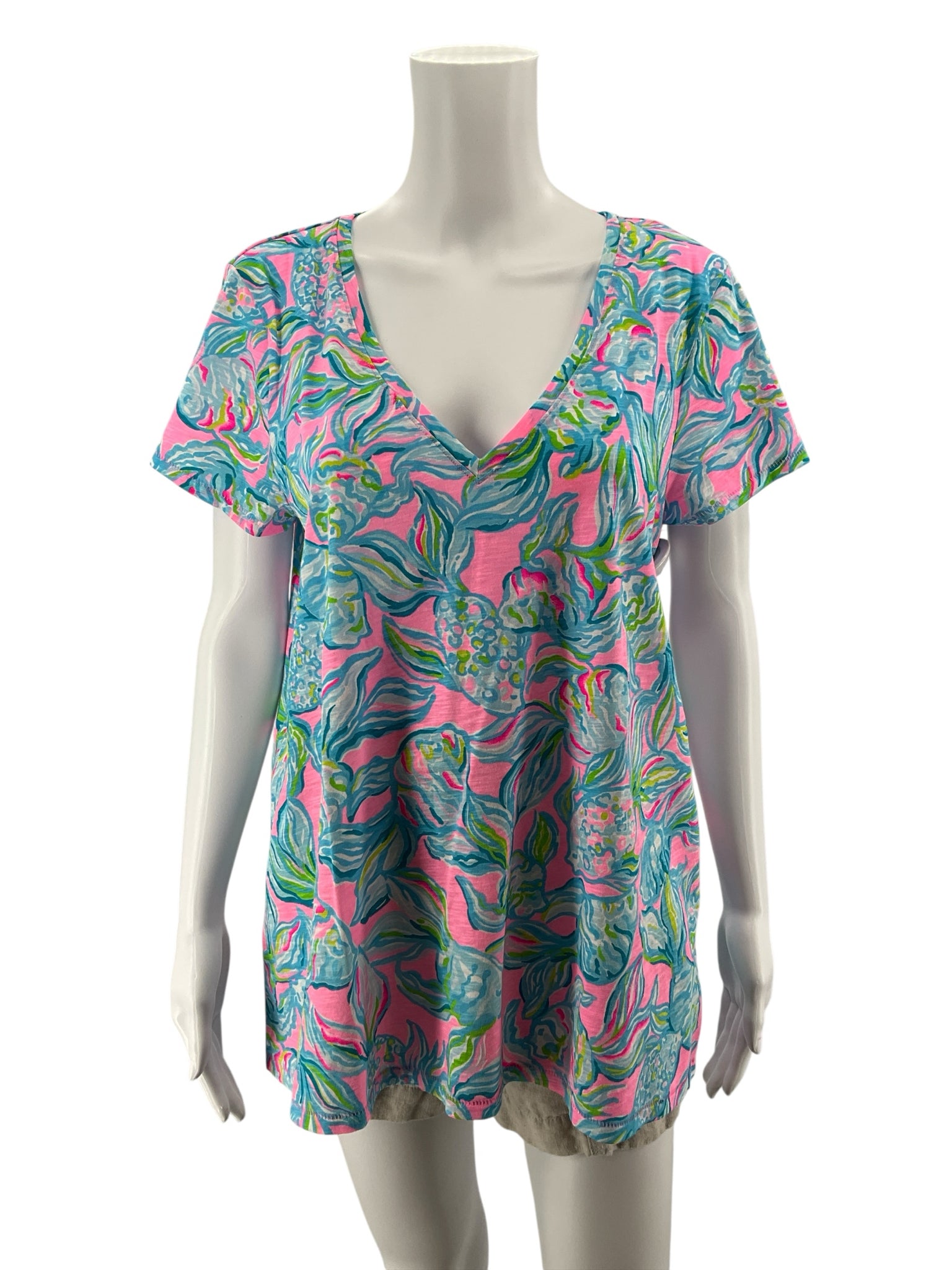 Lilly Pulitzer Etta V-Neck T-Shirt Top Multi It Was All A Dream Floral Size Large