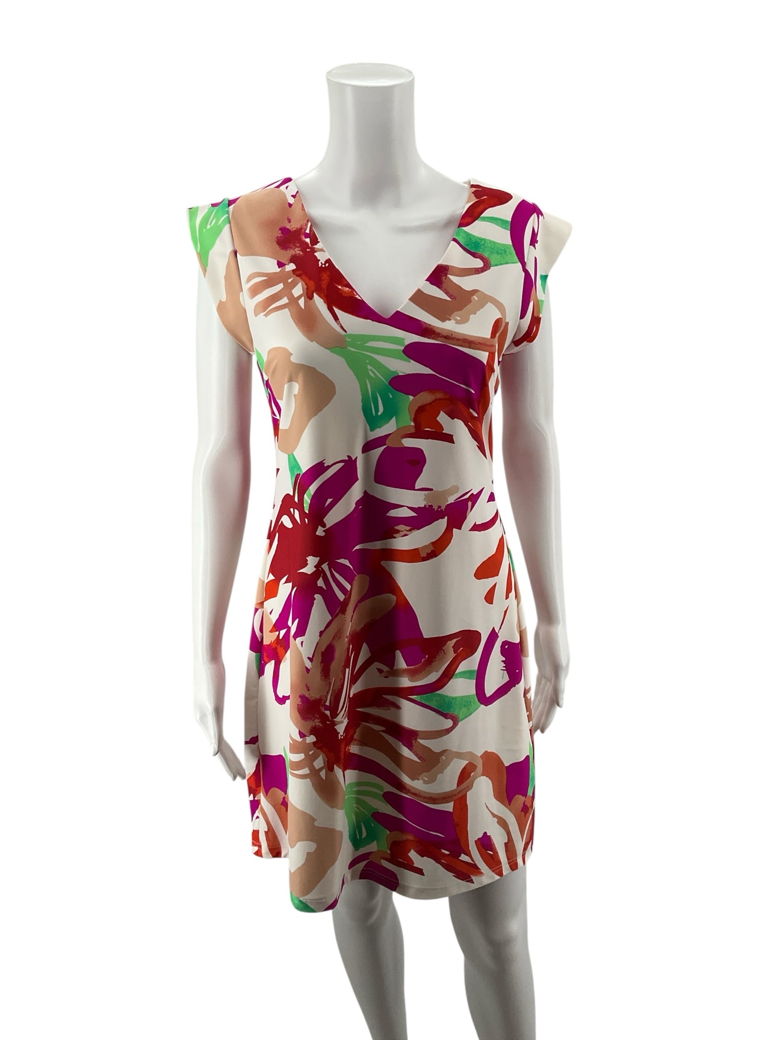 Aryeh White/Pink/Green Sheath Floral Cap Sleeve V-Neck Stretch Shift Dress Size Small - Size S