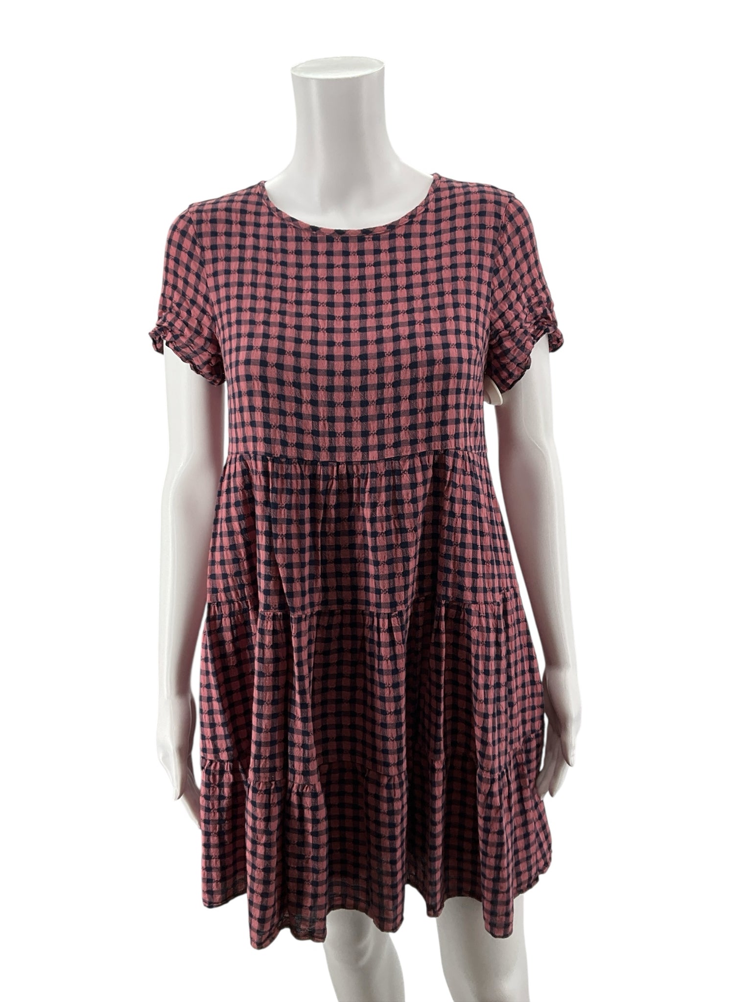 Madewell pink/navy Mini Lightspun Gingham Check Tiered Mini Dress Pink Navy Blue Size Small - Size S
