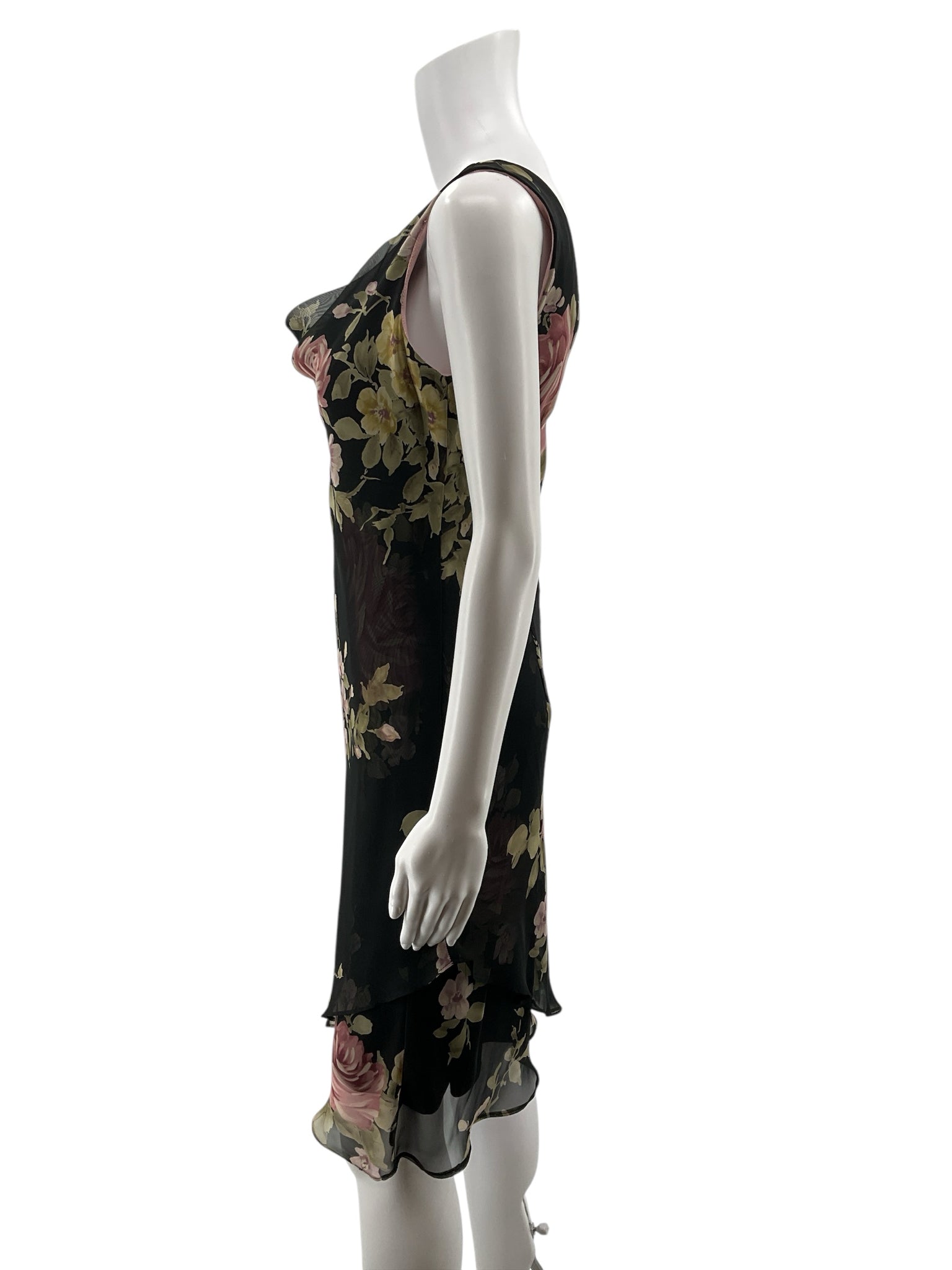 Jessica Howard Black & Rose Gold Floral Cowl Neck Asymmetrical Dress Size Small