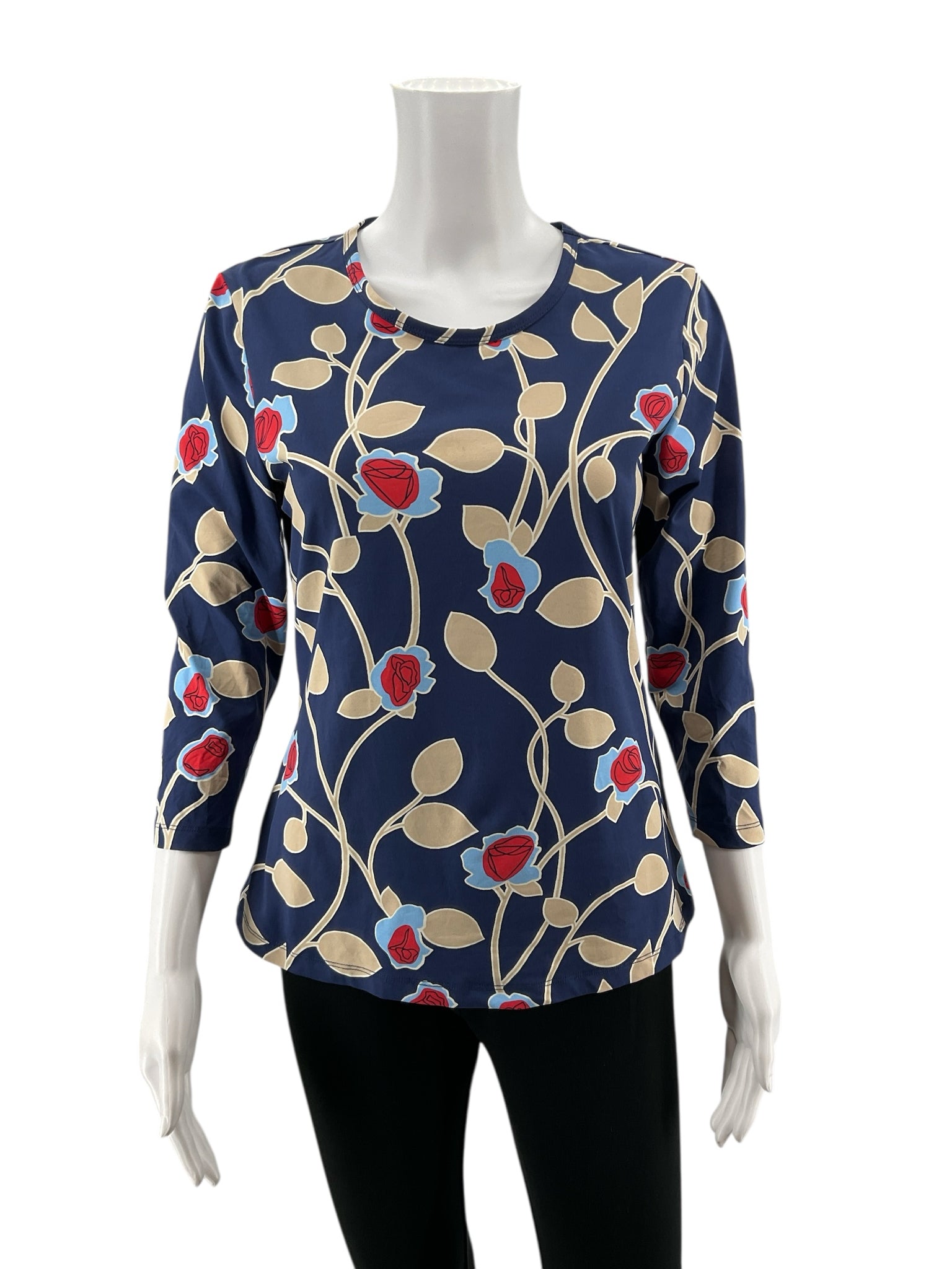 J. McLaughlin Catalina Cloth Floral Top Navy Red Tan 3/4 Sleeve Size Medium