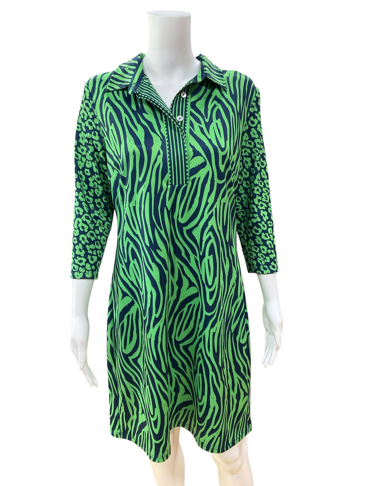 Gretchen Scott Ruffneck Zebra & Dot Print Shift Dress Green Blue Size Medium