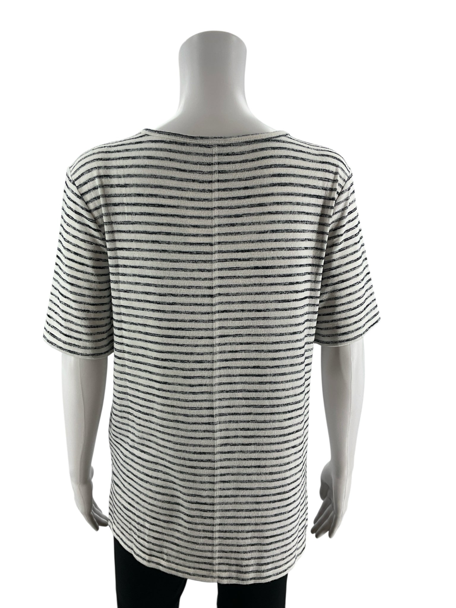 White and blue striped Banana Republic short sleeve ladies top in boxy fit, size small, featuring a classic Breton style.
