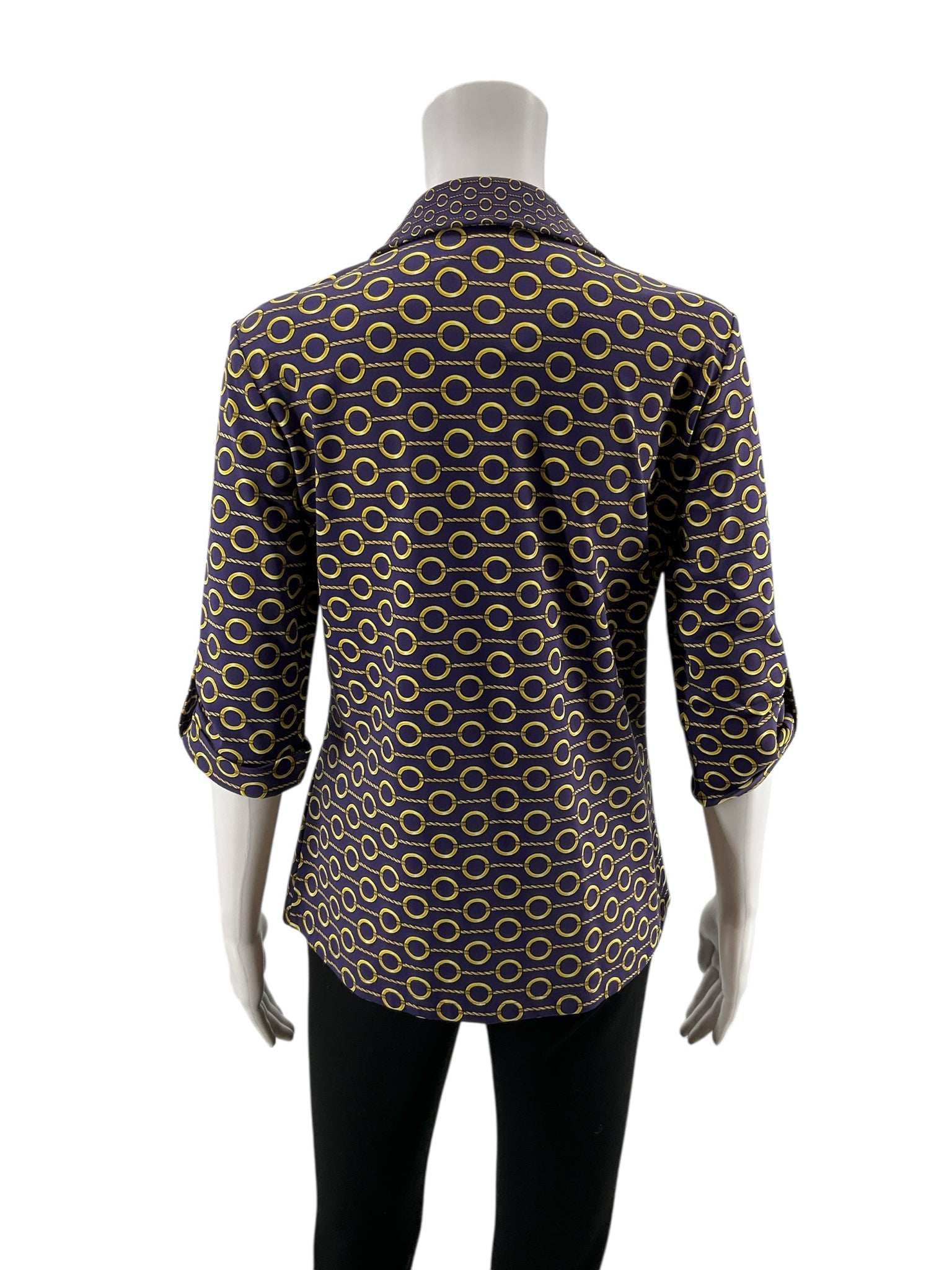 J. McLaughlin Navy/Gold 3/4 Sleeve Catalina Cloth Chain Print Top Navy Gold Size Small - Size S