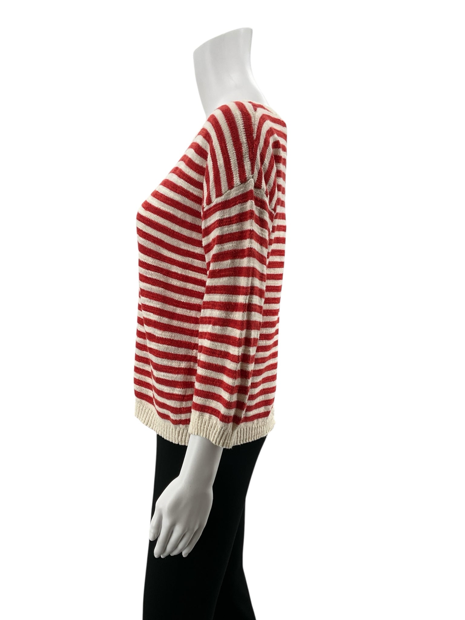 Seasalt Cornwall red/white 3/4 Sleeve Knavock Jumper Organic Cotton Linen Breton Stripe Sweater US 4 - Size 4