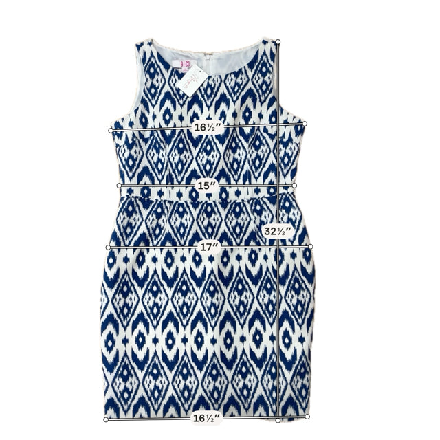 9 & Co. Blue & Ivory Ikat Geometric Print Sheath Dress Size 8