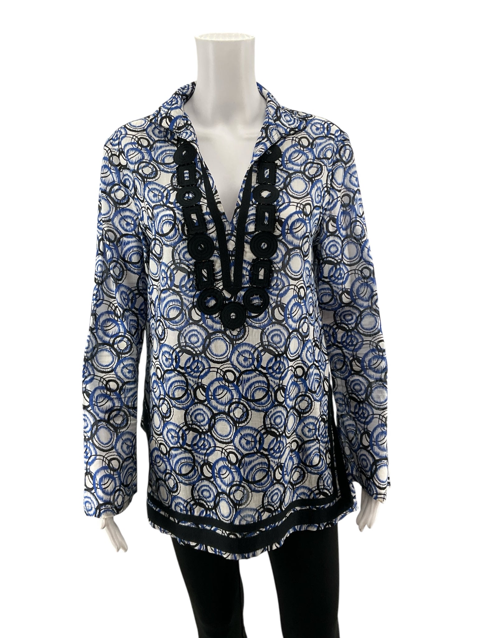 MICHAEL Michael Kors Blue & White Scribble Circle Print Cotton Tunic Top Size Medium