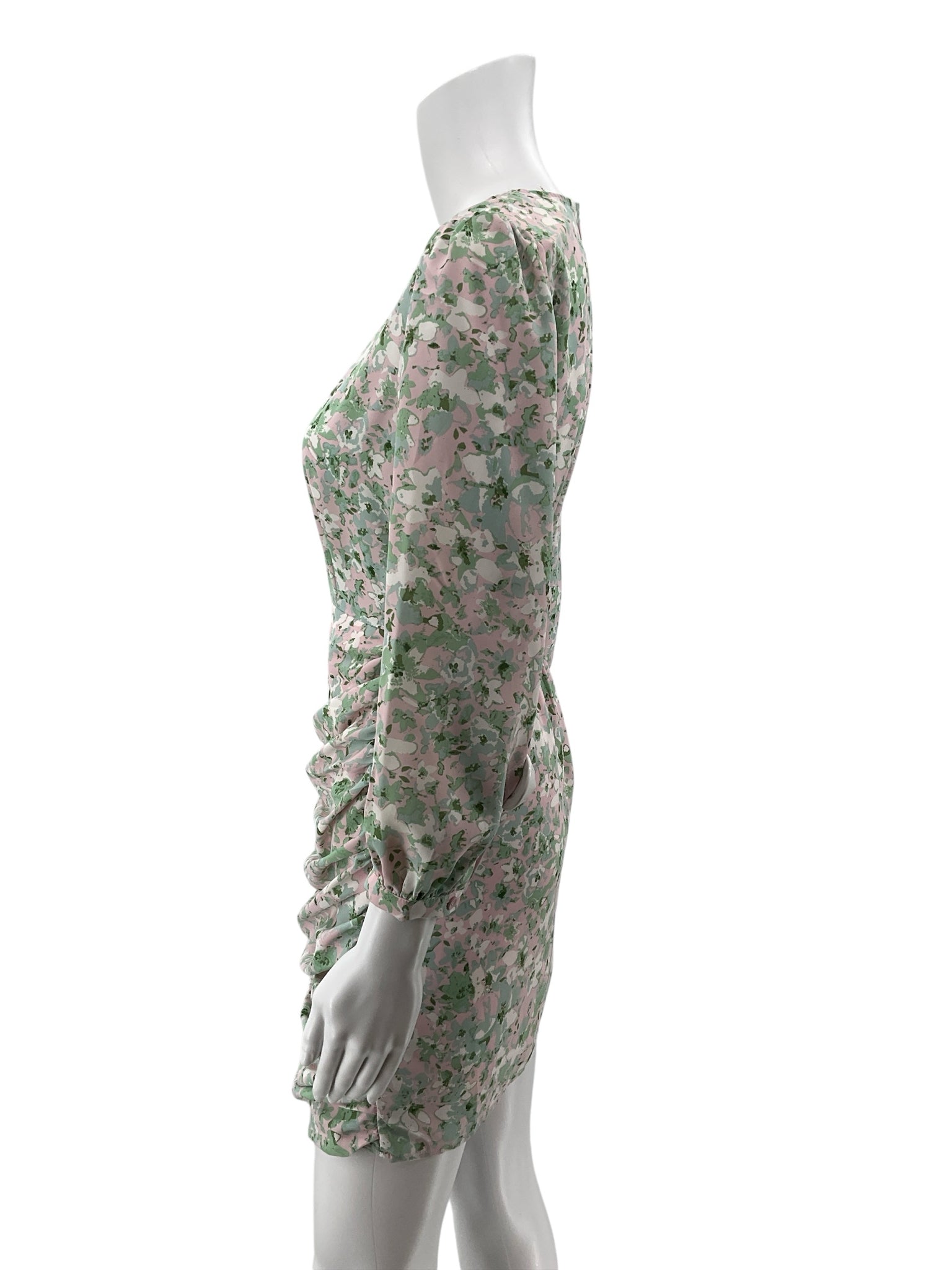 Entro Floral Asymmetrical Ruched Mini Dress Pink Green Size Small - ONLINE ONLY