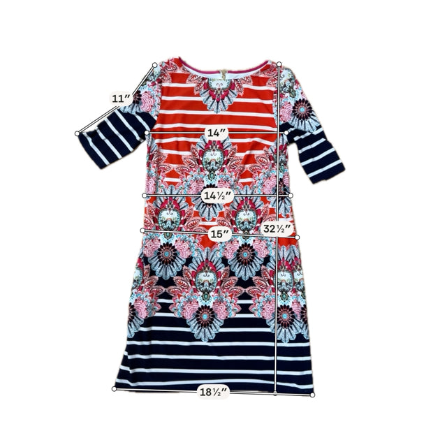 Eliza J Floral Shift Dress Size 4 White Orange Navy Elbow Sleeve Stretch Knit