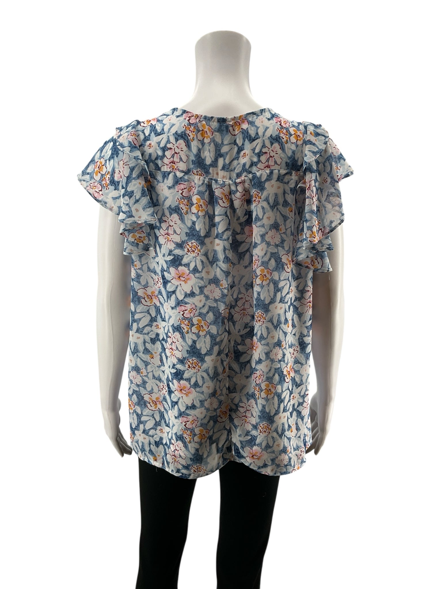 Melloday Floral Ruffle V-Neck Blouse Size Medium Blue White