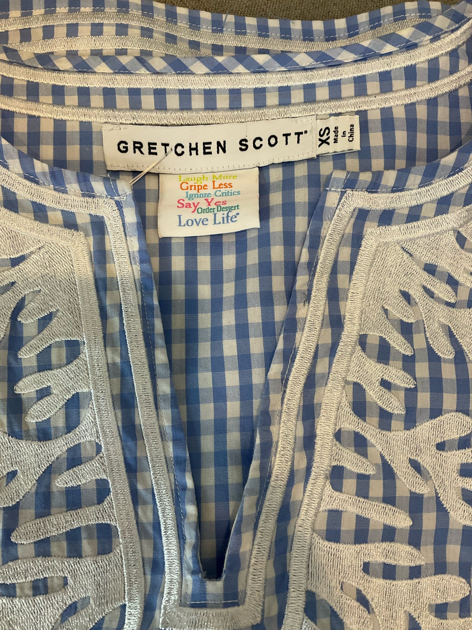 Gretchen Scott blue/white 3/4 Sleeve Gingham Embroidered Tunic Top Blue White Checkered Size XS - Size XS