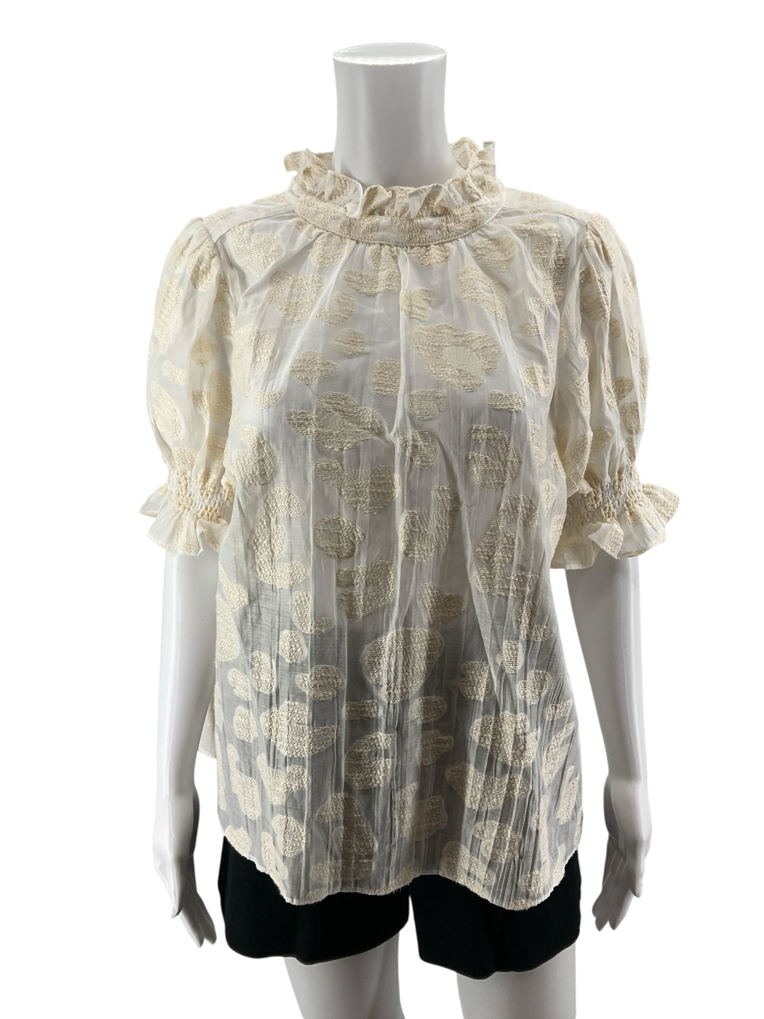 Hunter Bell Crawford Top Cream Jacquard Dot Ruffle Puff Sleeve Blouse Size Large