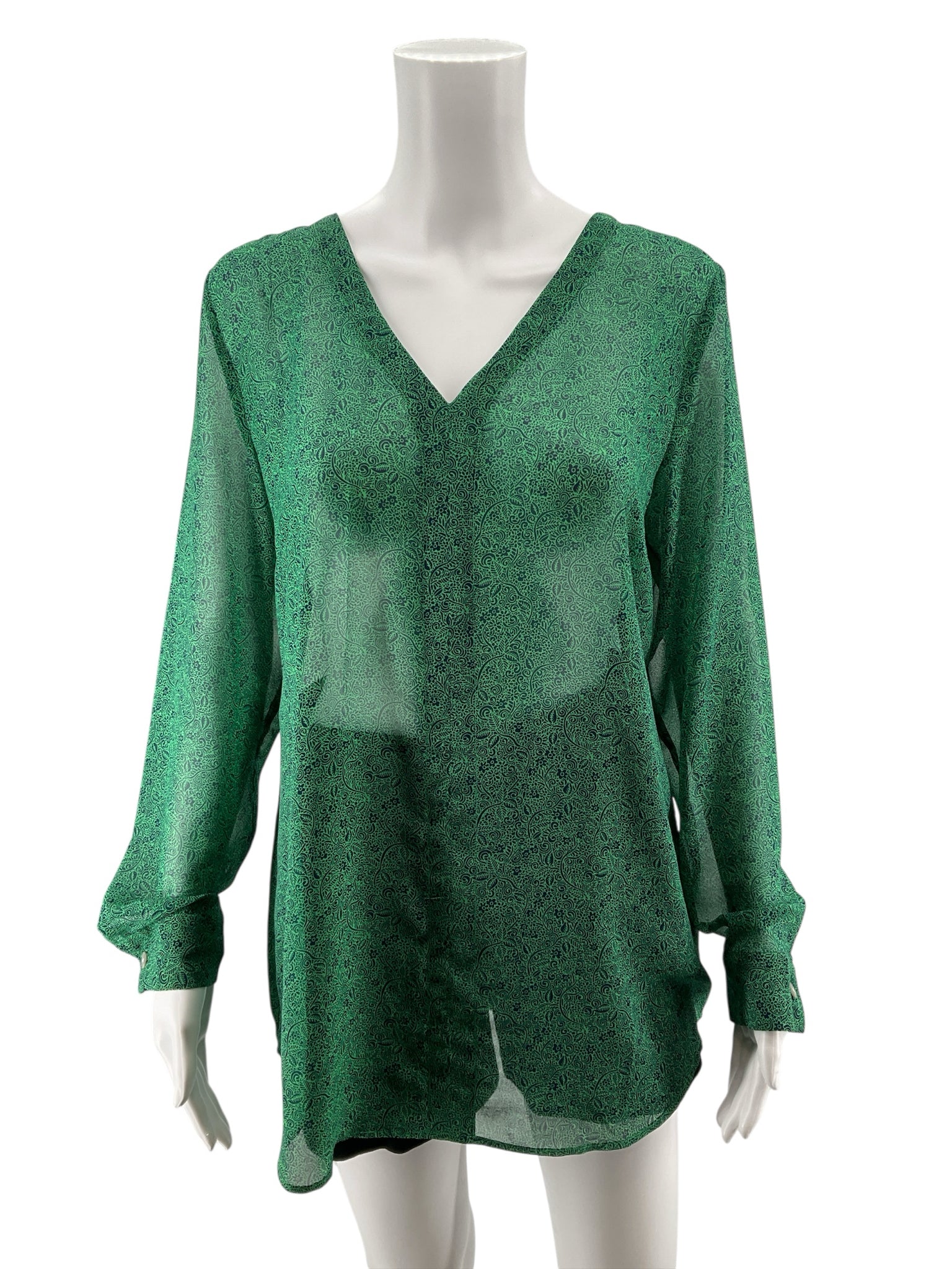 cabi Whistle Blouse Emerald Paisley V-Neck Sheer Top Green Navy Size Medium