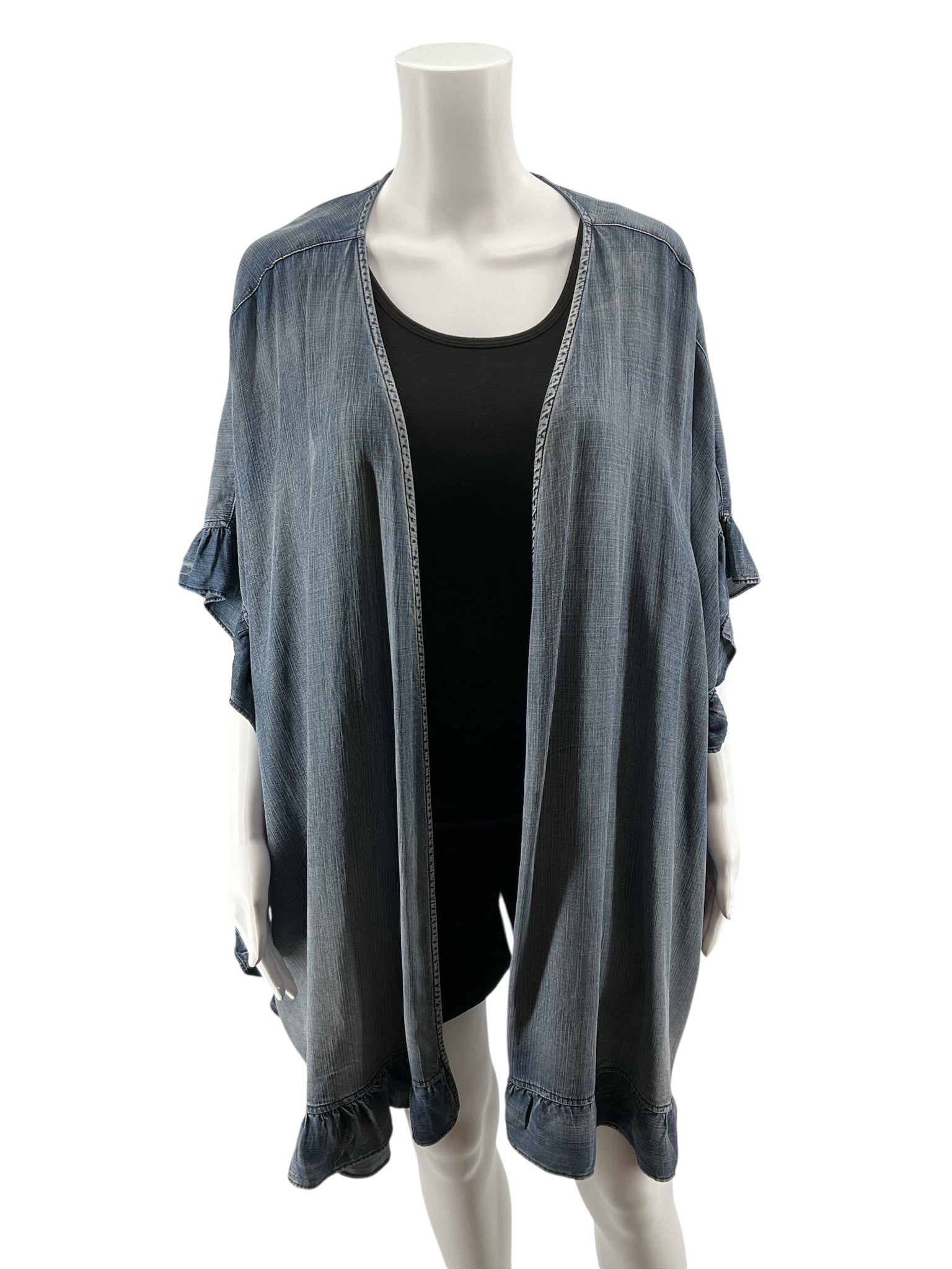 Easel Blue Tencel Ruffle Hem Open Front Kimono Top Size Large