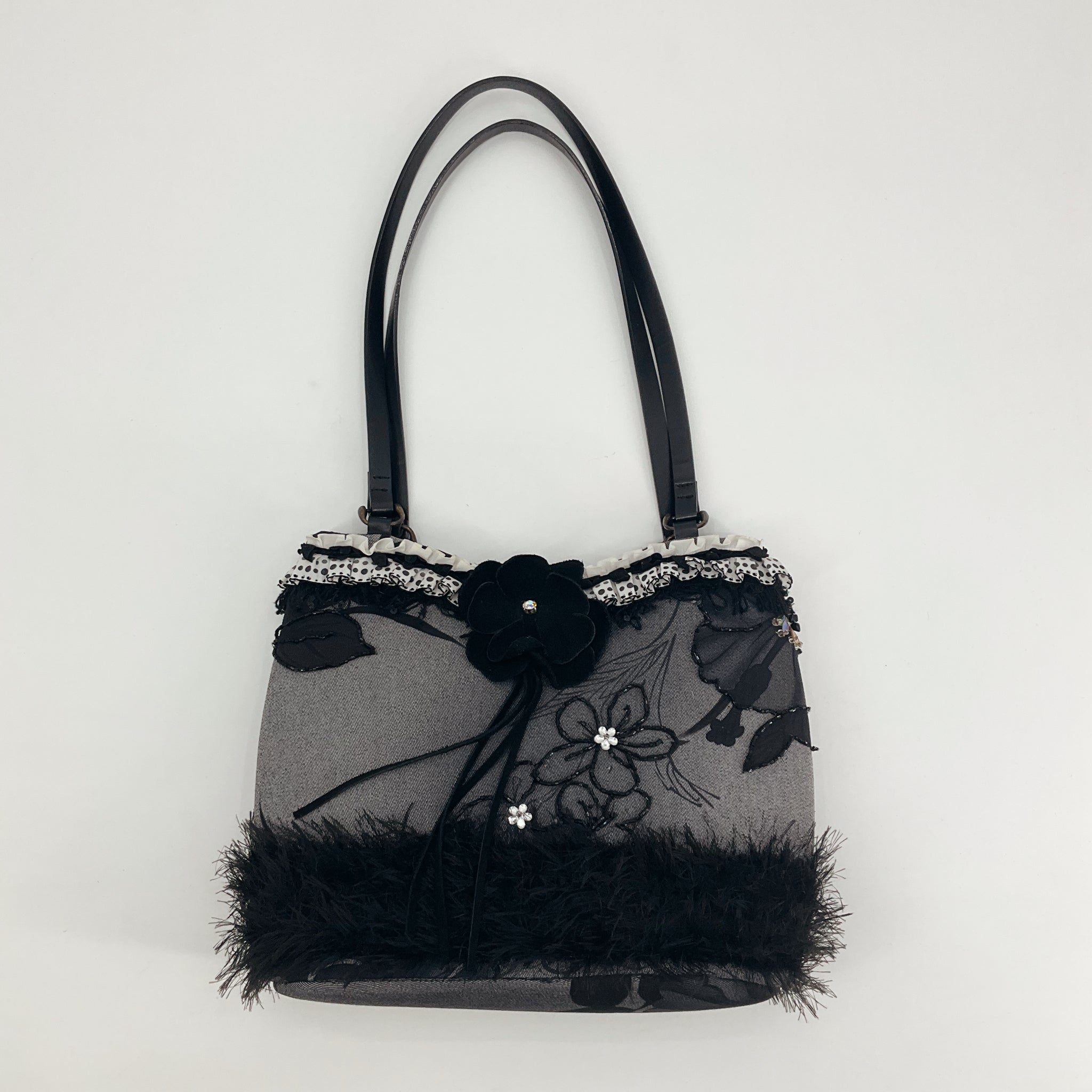 Mary Frances Embellished Floral Fringe Shoulder Bag Black Gray
