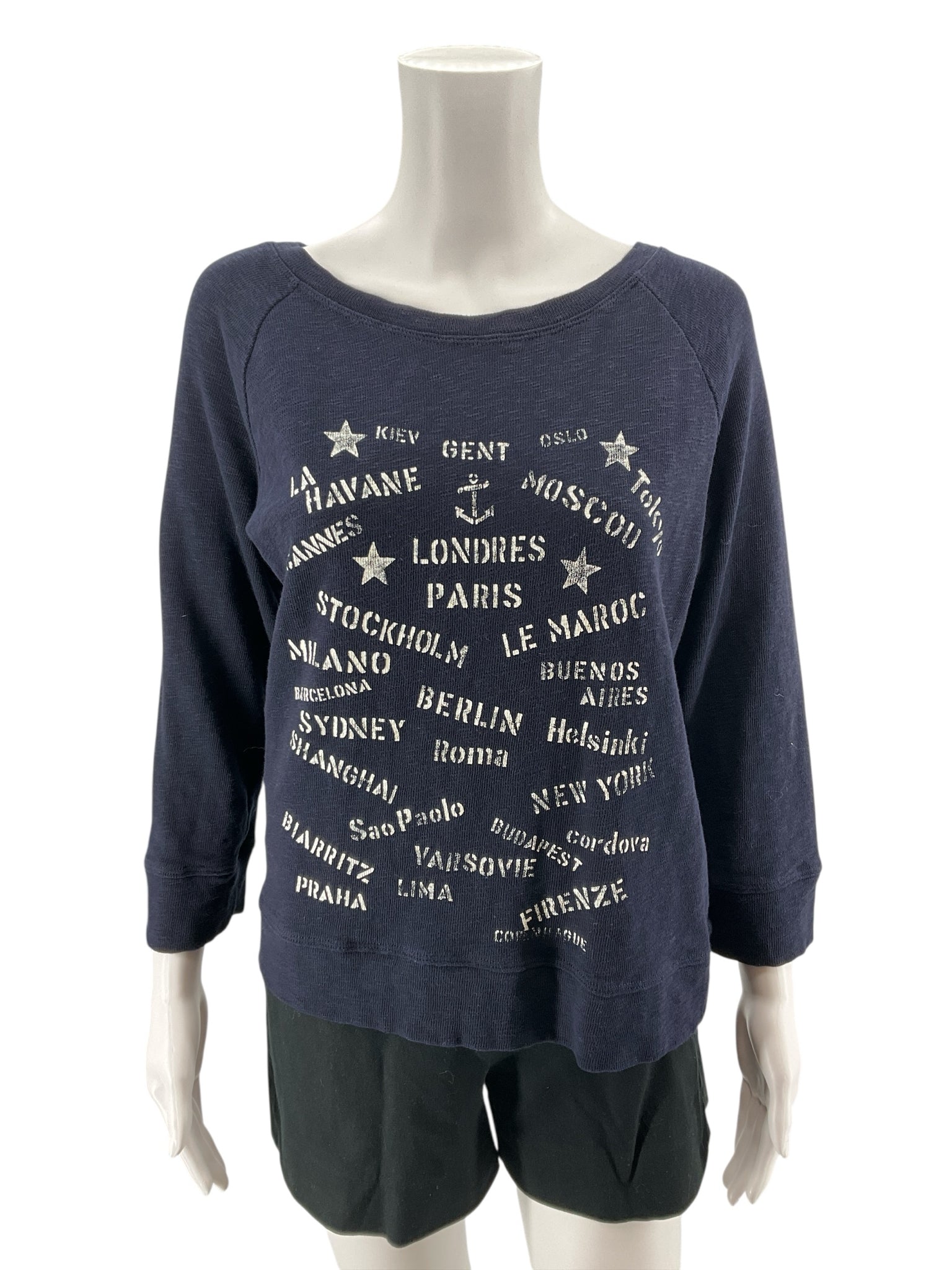 J. Crew French Graphic Print Boatneck Top Size Medium Navy White Pre-Owned