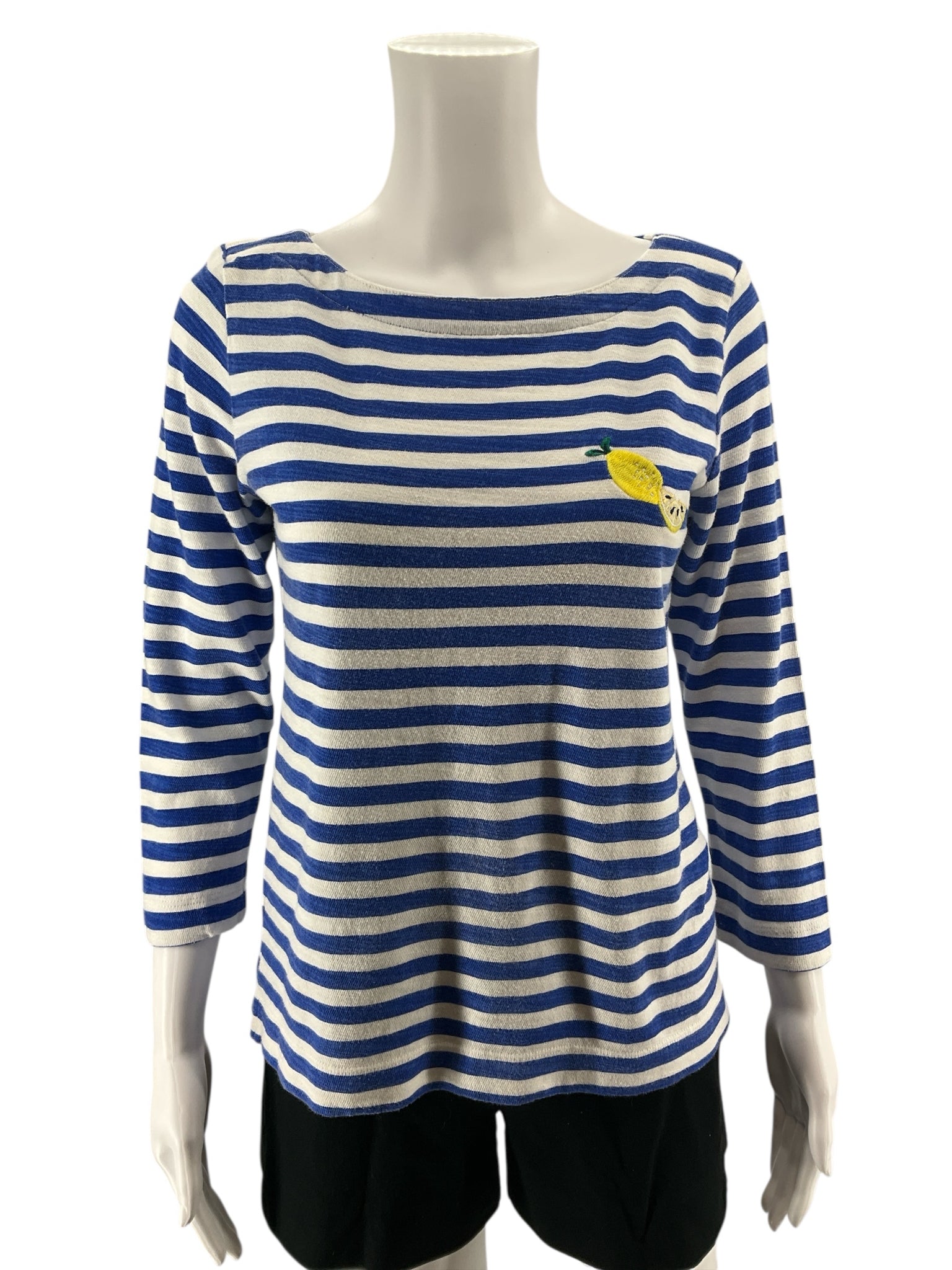 LOFT Lemon Embroidered Blue & White Striped Boatneck Top | Size XS- Downstairs