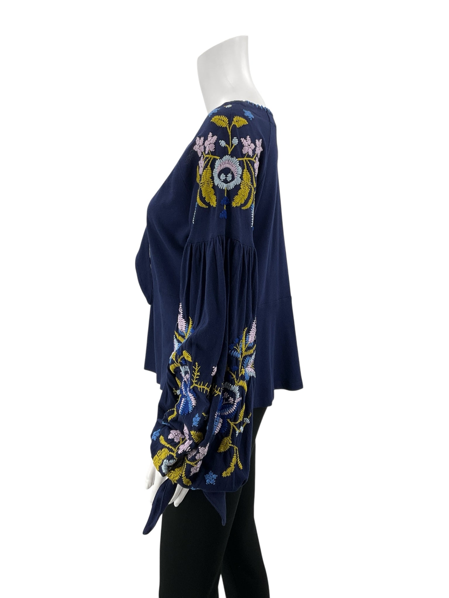 Free People navy/blue/brown Peplum Tell Tale Navy Embroidered Boho Tunic Top Size Medium - Size M