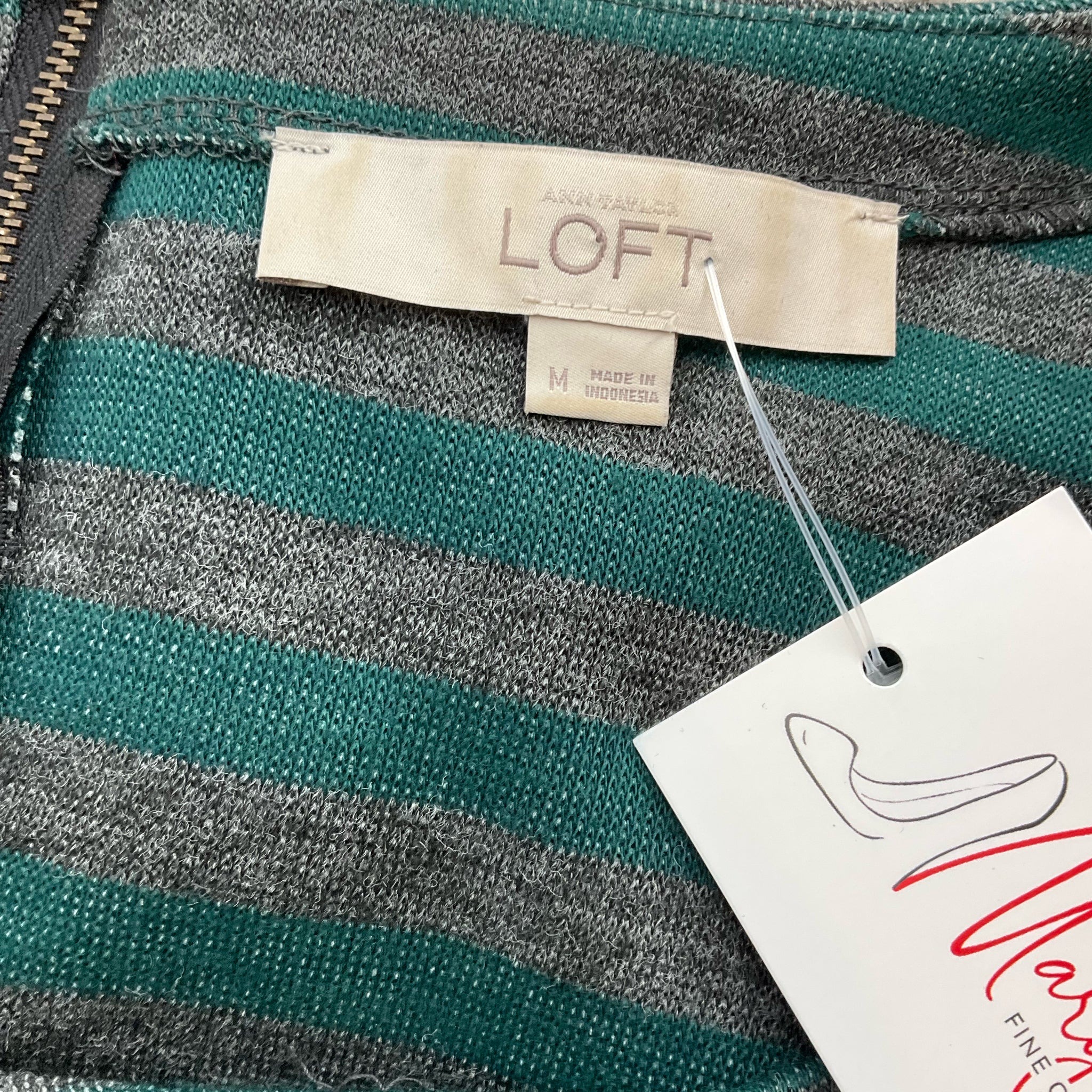 Loft green and gray striped pre-owned ladies dress in size medium, showcasing a stylish and casual design.