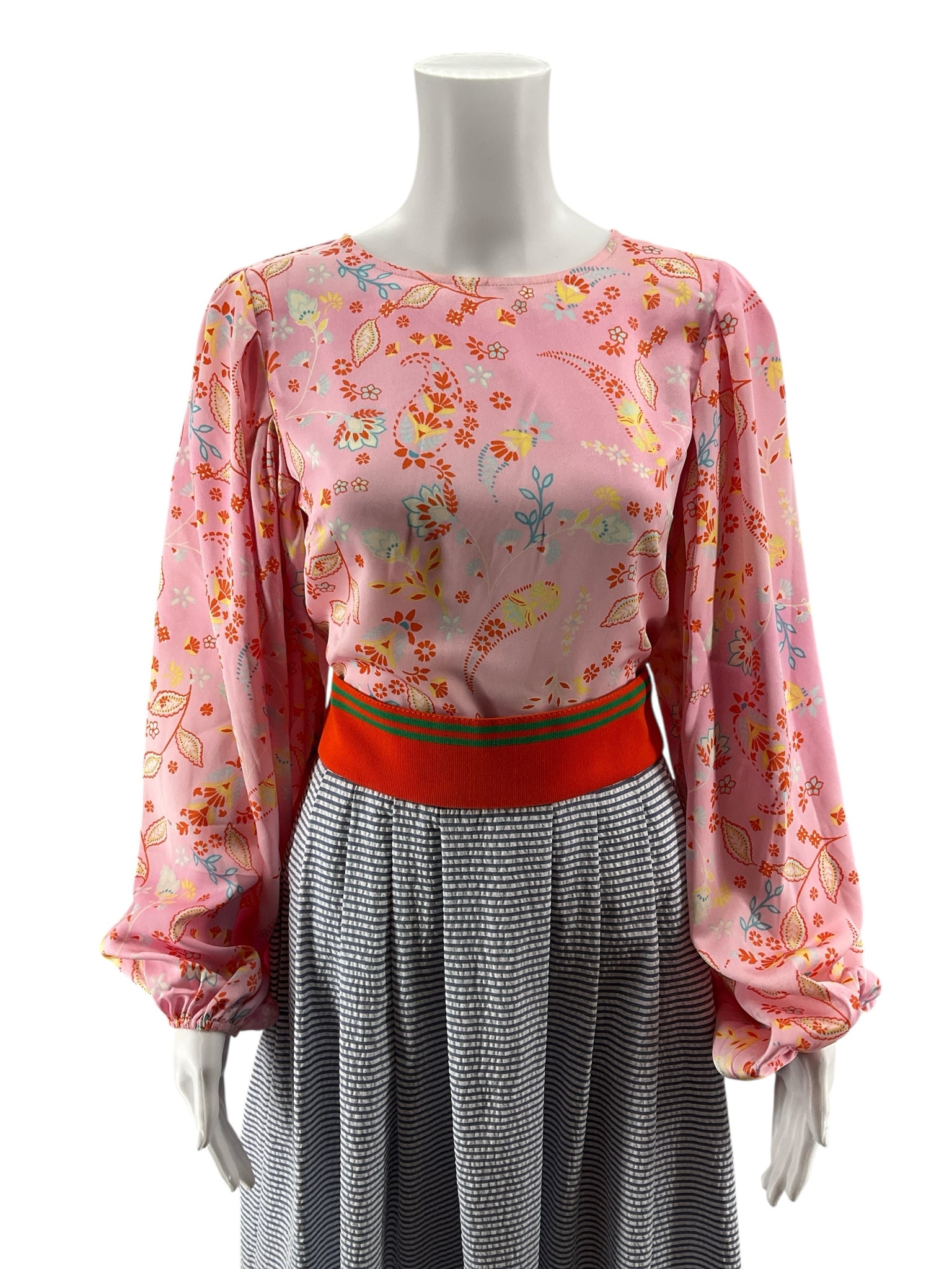 Sugar + Lips Pink Paisley Floral Boho Bishop Sleeve Blouse Top Size XS