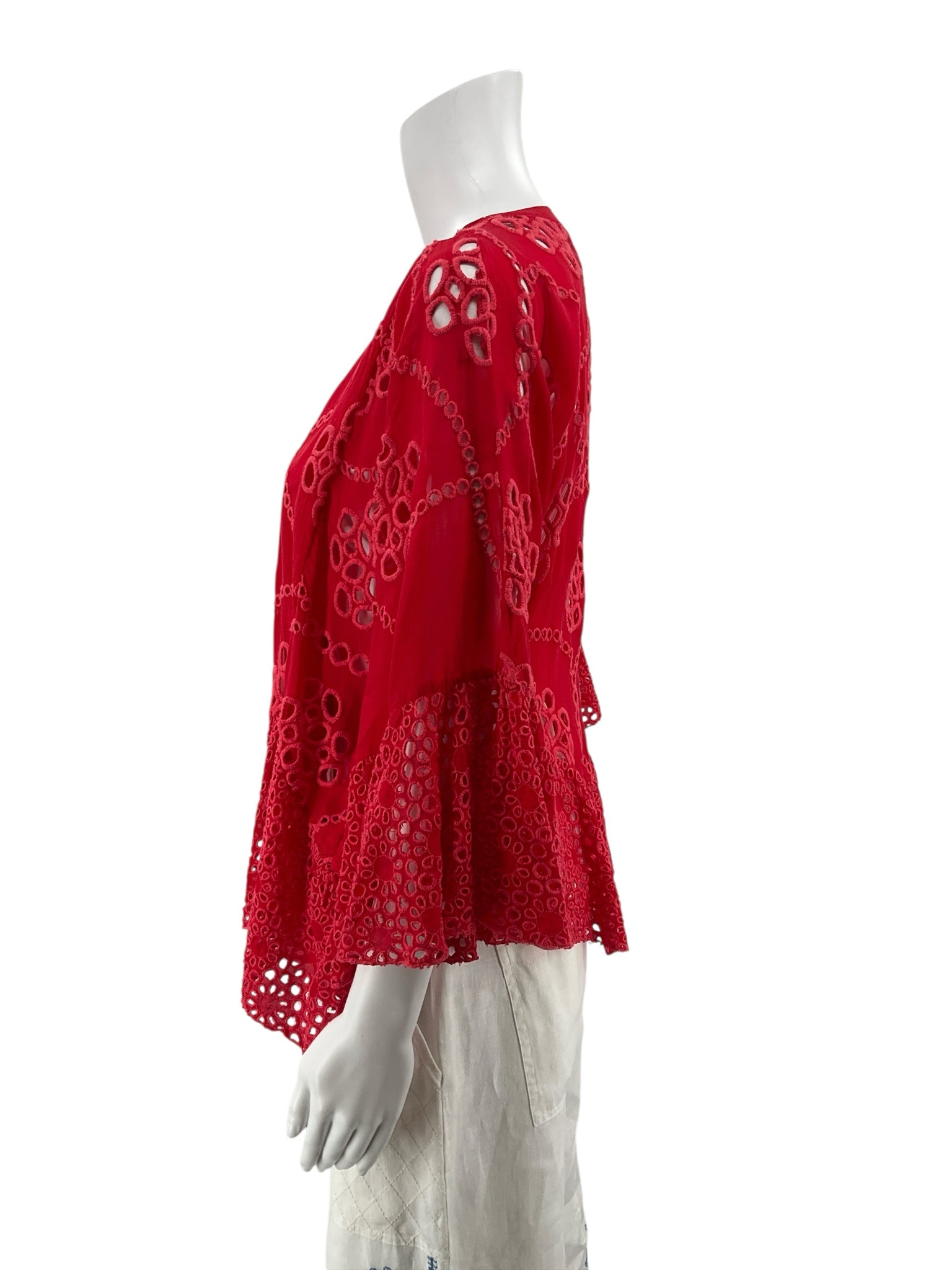 Johnny Was Tivva Red Eyelet Bohemian Tunic Top Size XS