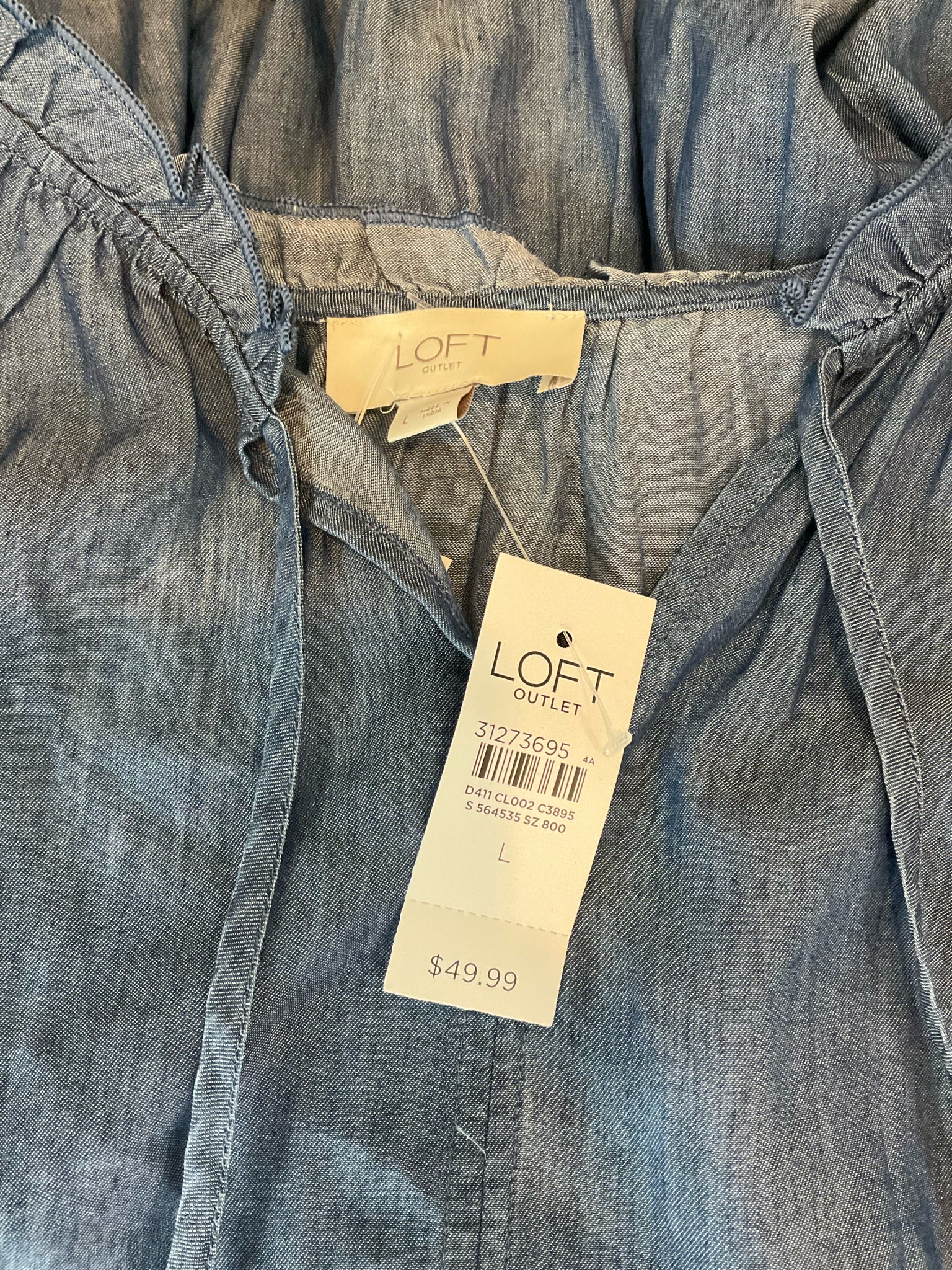 LOFT Outlet Blue Sleeveless LOFT Ruffle Tie Neck Tiered Chambray Tunic Top NWT Size Large - Size L
