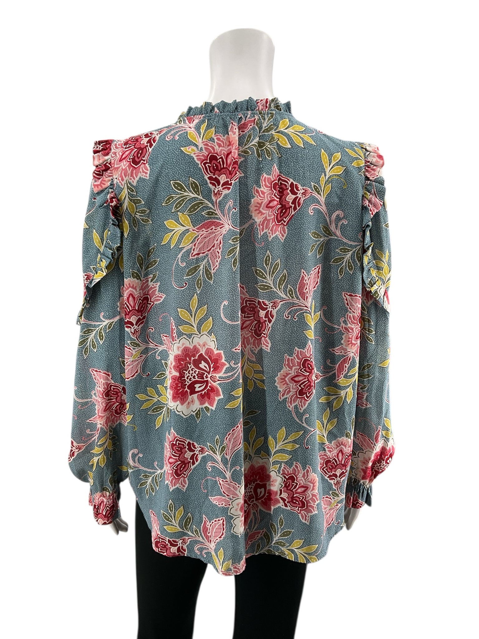 LOFT Blue/White/Mauve Long Sleeve Floral Dot Ruffle Trim Peasant Blouse Blue White Medium - Size M