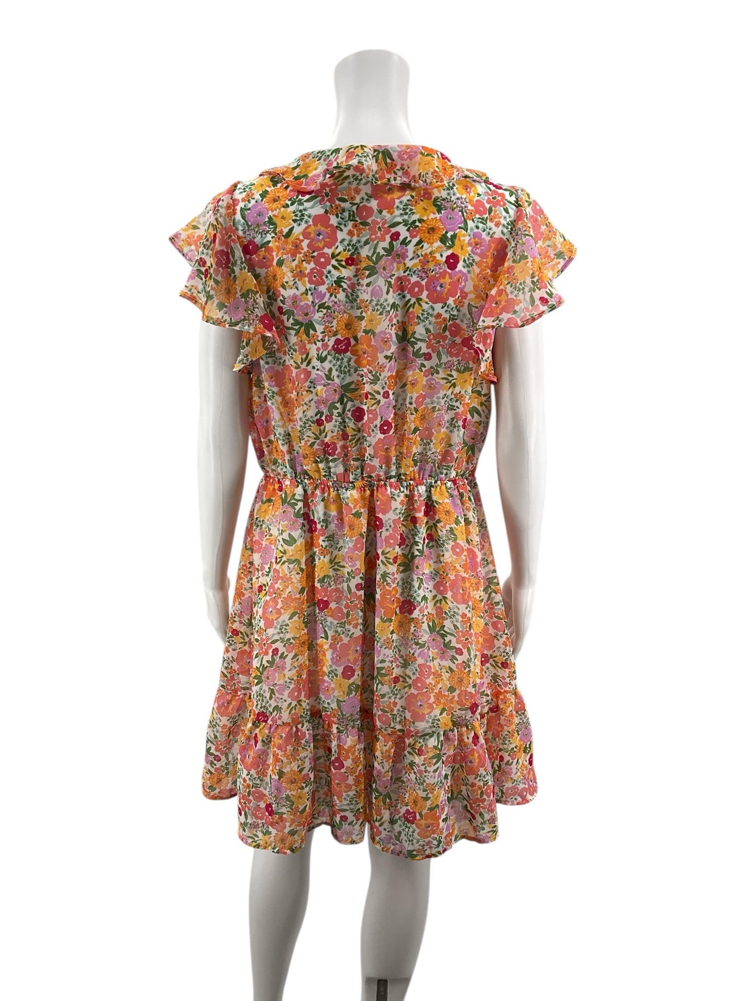 Marissa Olivia White/Pink/Orange Floral Floral Ruffle V-Neck Tiered Dress Size Small - Size S