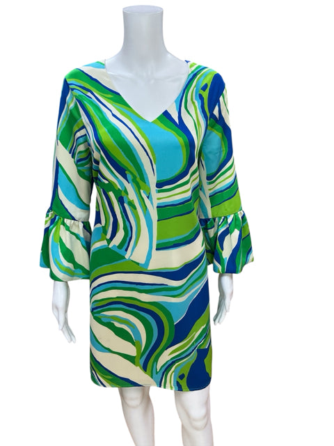Julie Brown NYC green/blue/white Shift Swirl Print V-Neck Bell Sleeve Shift Dress Size 8 NWT - Size 8