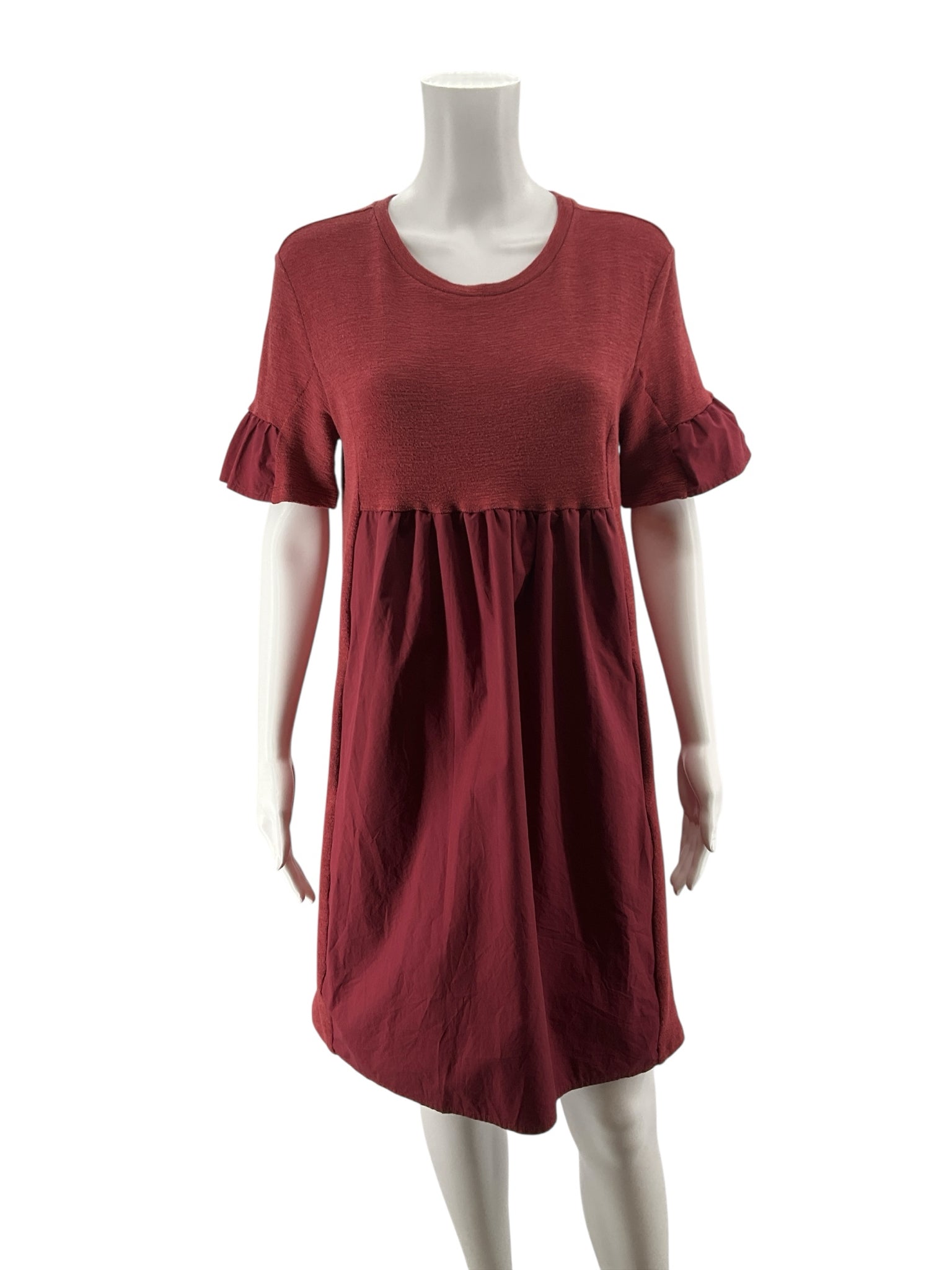 English Factory Brick Red Textured Babydoll Ruffle Sleeve Mini Dress