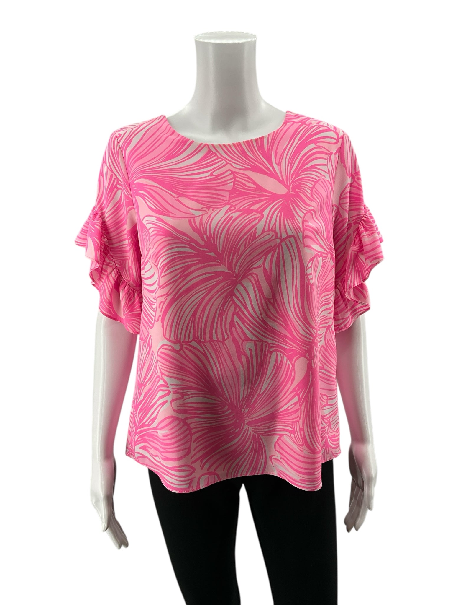 Lilly Pulitzer white/pink Short Sleeve Arabelle Top In The Vias Pink Tropical Leaf Print Blouse XS - Size XS