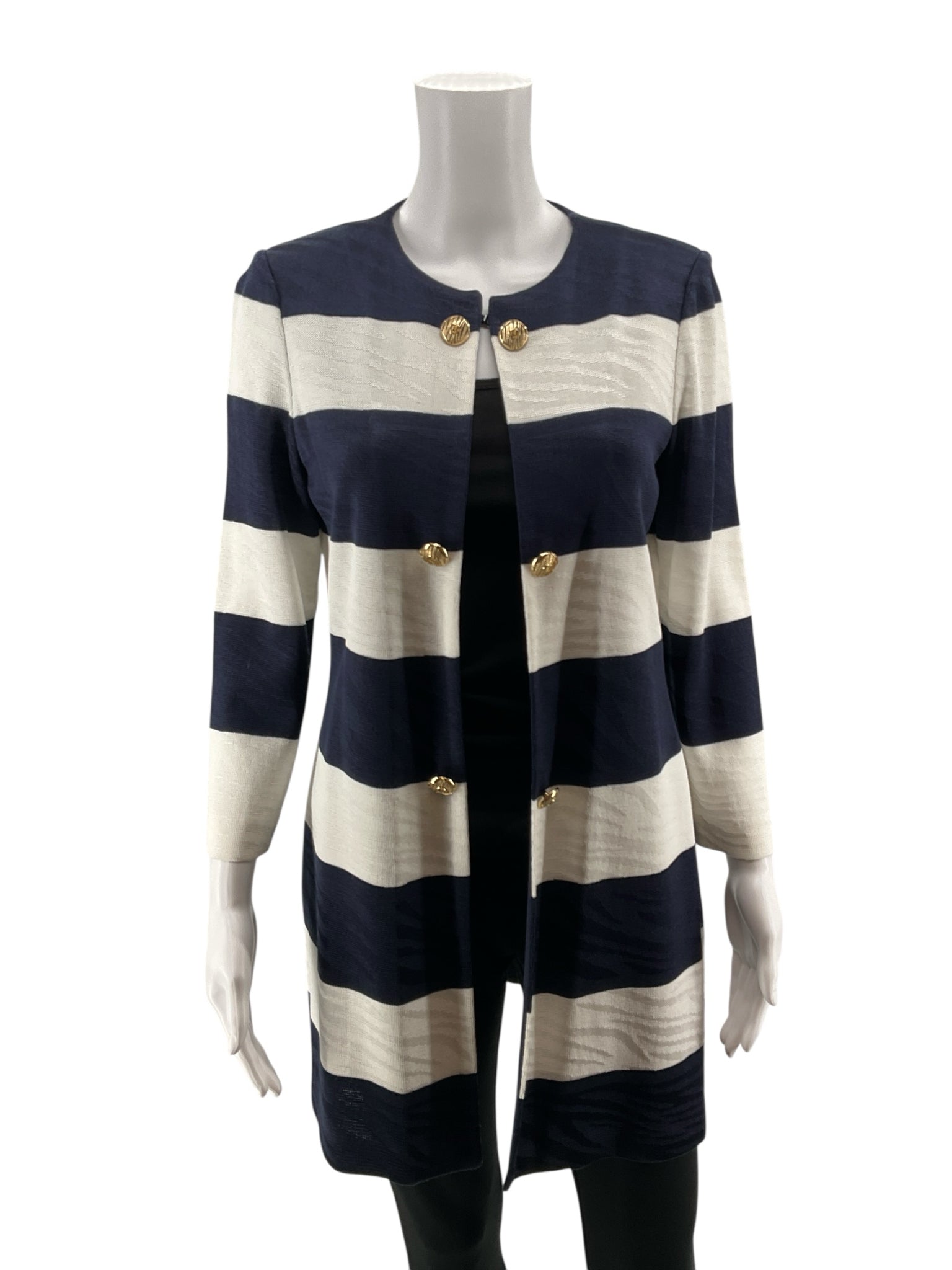 Ming Wang Striped Knit Topper Jacket Cardigan Navy White Gold Button Size XS