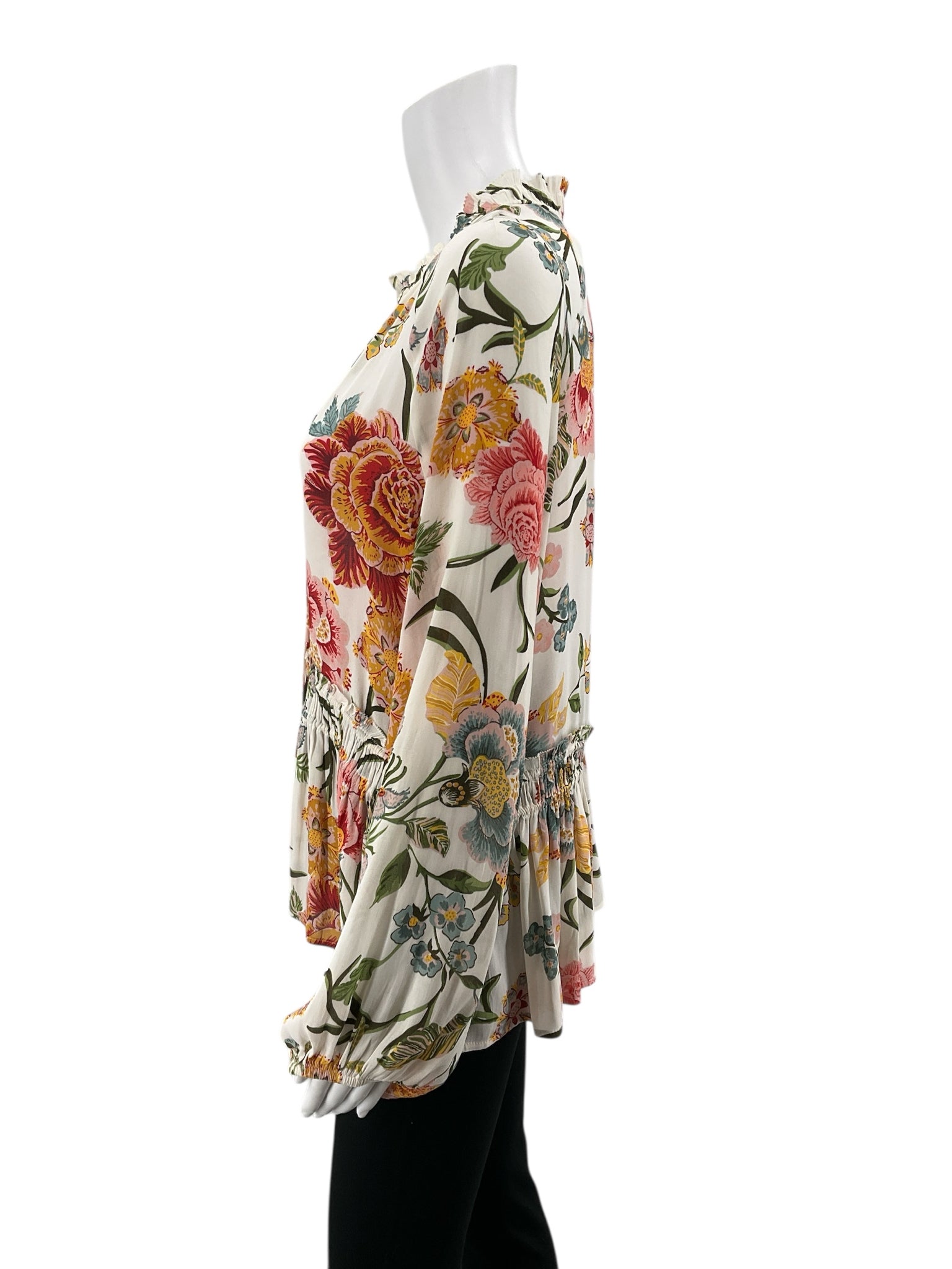 LOFT White/multi Long Sleeve Floral Smocked Tie-Neck Peplum Blouse Size Medium - Size M