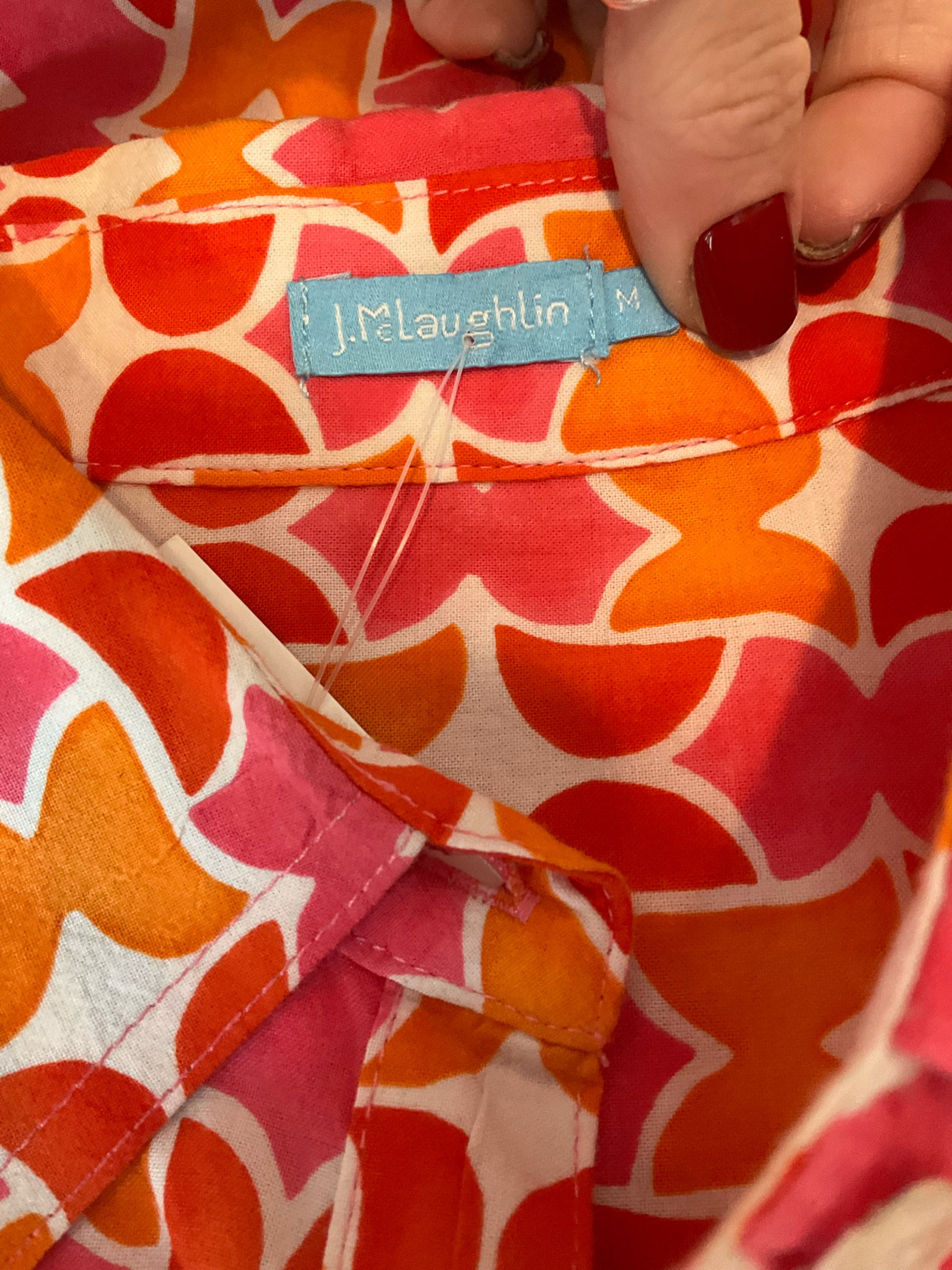 J. McLaughlin red/orange Button Down Geometric Print Cotton Stretch Button-Down Shirt Size Medium - Size M