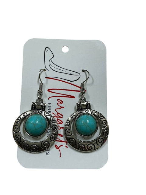 Turquoise Stone Silver-Tone Swirl Drop Earrings