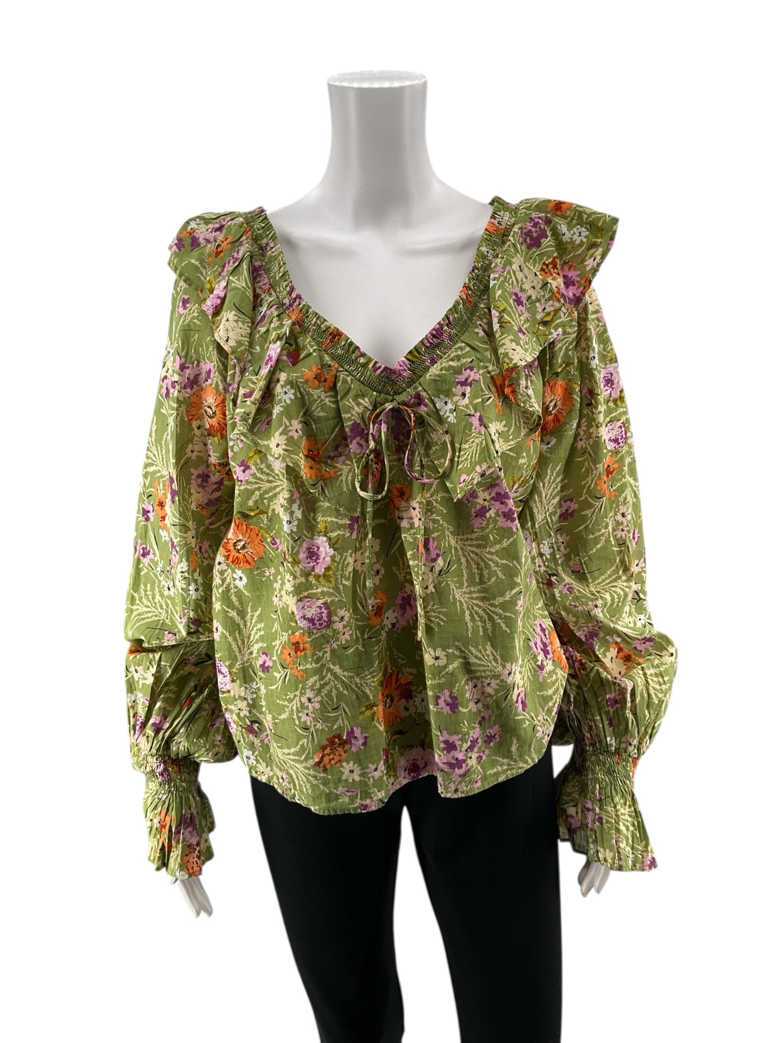 Anthropologie Green/purple/white Long Sleeve Green/Purple/White Floral Pre-Owned Casual Top - Size Large - Size L