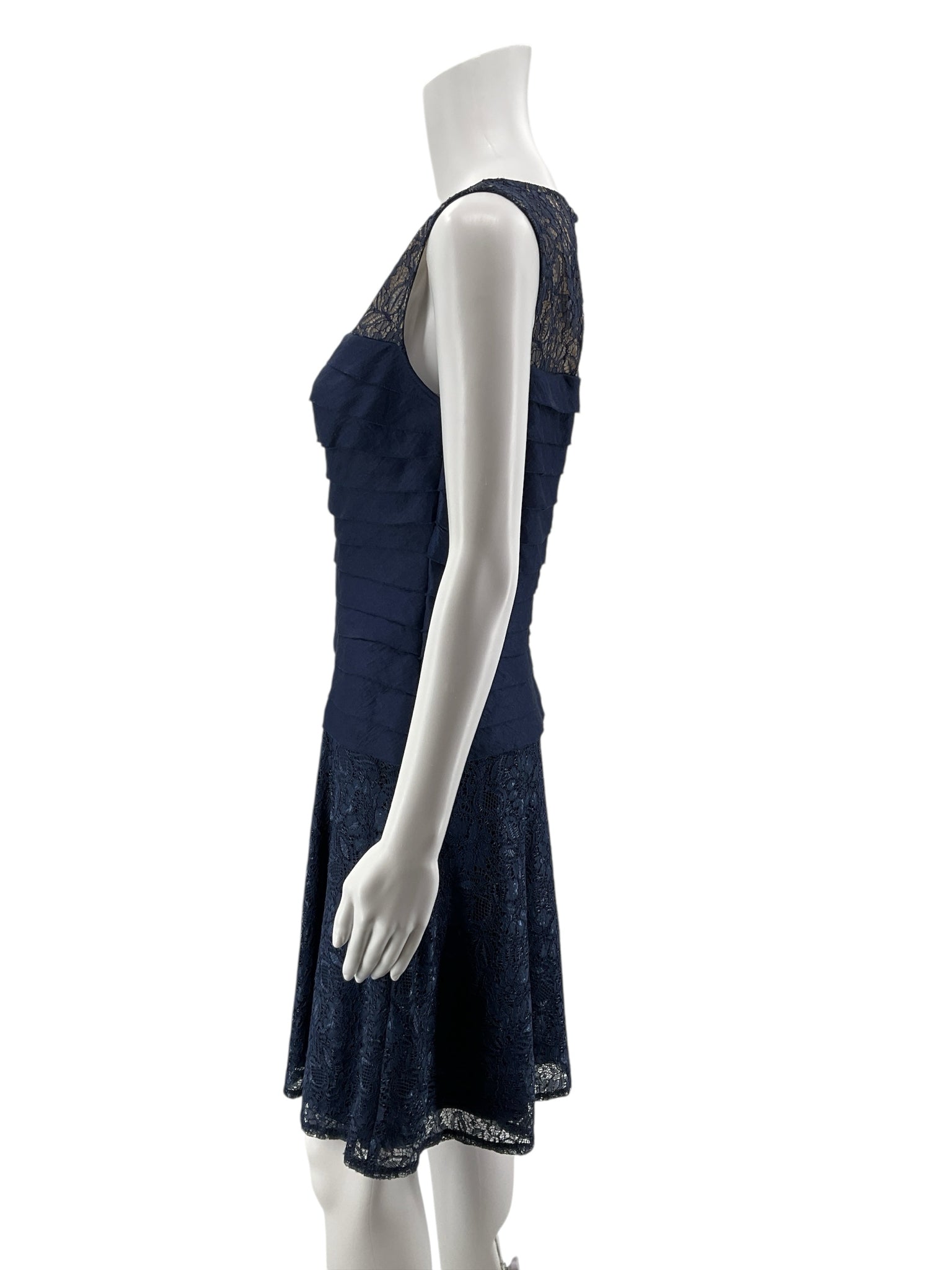 London Times Navy Blue Lace Tiered Illusion Yoke Cocktail Dress Size 4 - ONLINE ONLY