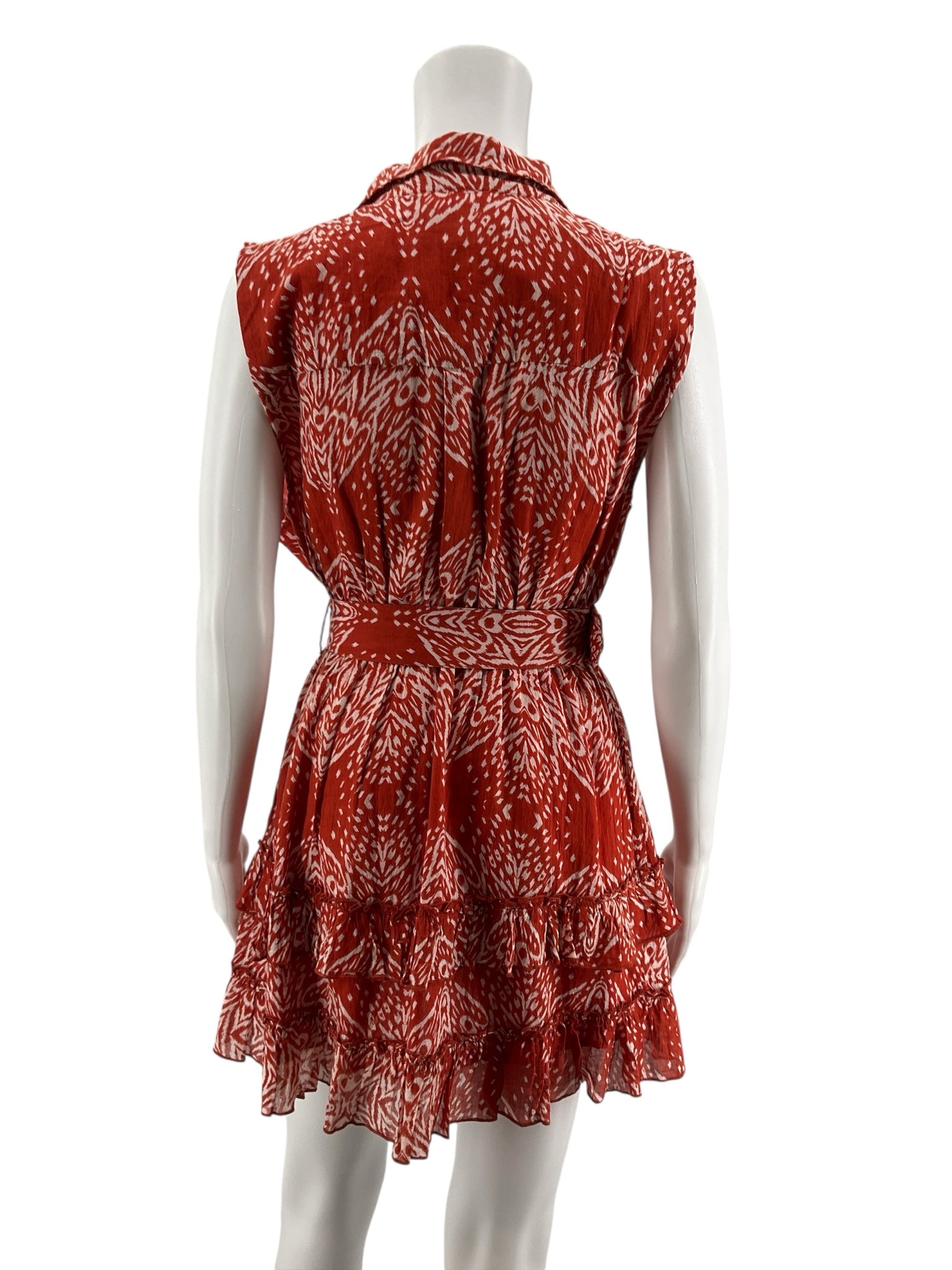Steele Orange/tan Mini Red & White Ikat Print Cotton Tiered Mini Dress S Petite - Size sp