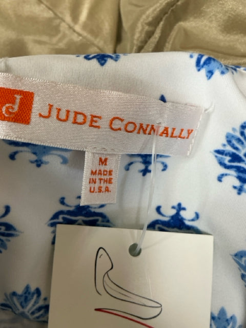 Jude Connally Ella Tunic Dress M Blue White Floral Block Print 3/4 Sleeve
