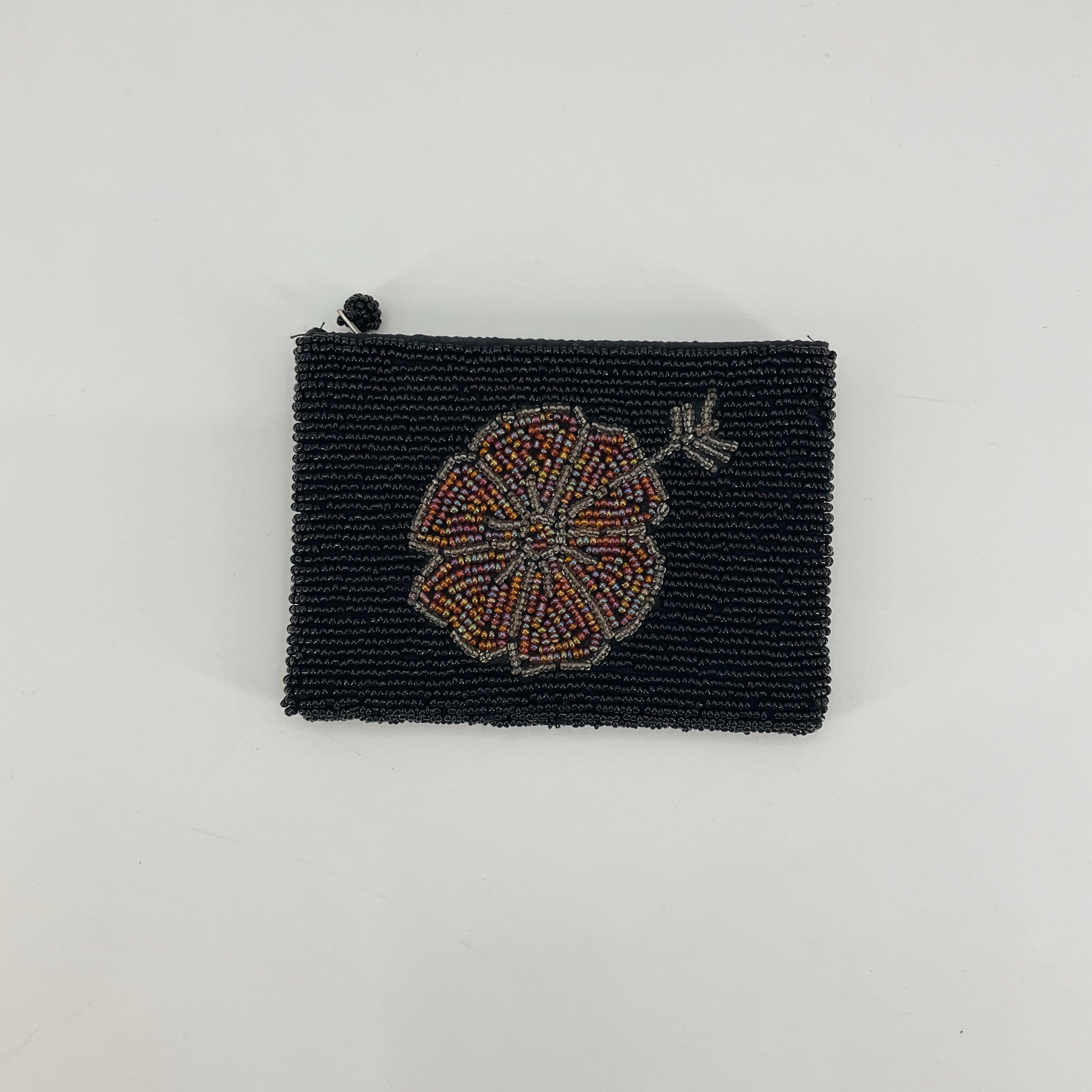 Black Floral Beaded Evening Clutch Coin Purse Handcrafted India