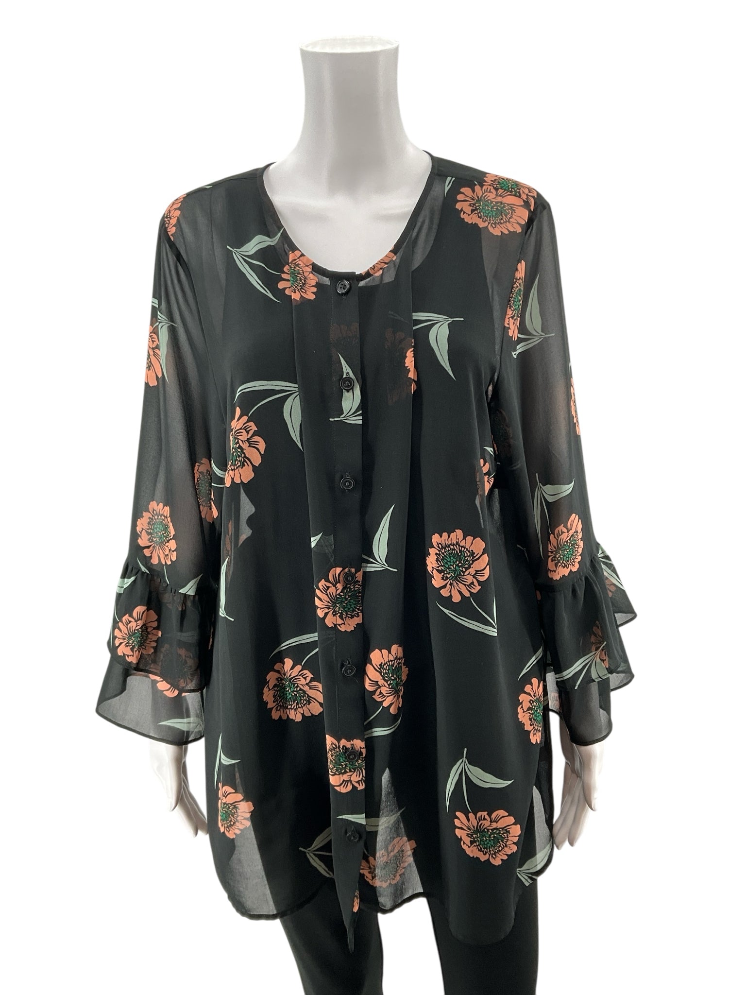 cabi Sundance Top Floral Tiered Ruffle Sleeve Blouse Size XL